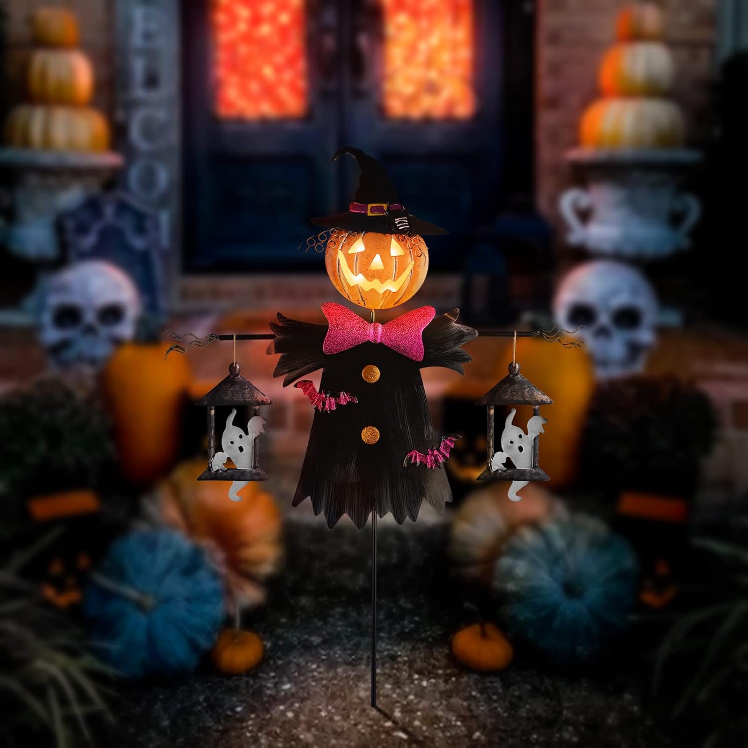 LIGHTSHINE Metal Scarecrow Shape Jack O' Lantern, Iron Solar Halloween Yard Decorations Outdoor, Solar Pathway Stake Halloween Lights Decor for Garden, Farmhouse, Patio, Yards (Scarecrow)