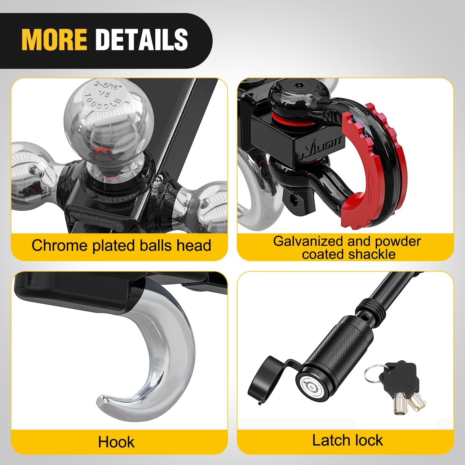 Nilight Trailer Hitch Tri-Ball Mount with Hook and Rotatable Tow Anti-Theft 3/4” Shackle Fits for 2inch Receiver Ball Size 1-7/8” 2” 2-5/16” GTW from 5000lbs to 10000lbs for RV SUV ATV Truck - Image 5