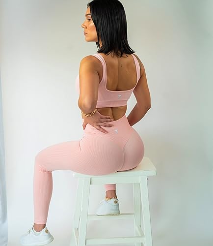 Miniatura 4 de Conjunto de 2 piezas de leggings de entrenamiento y brasier deportivo sin costuras acanalado para mujer