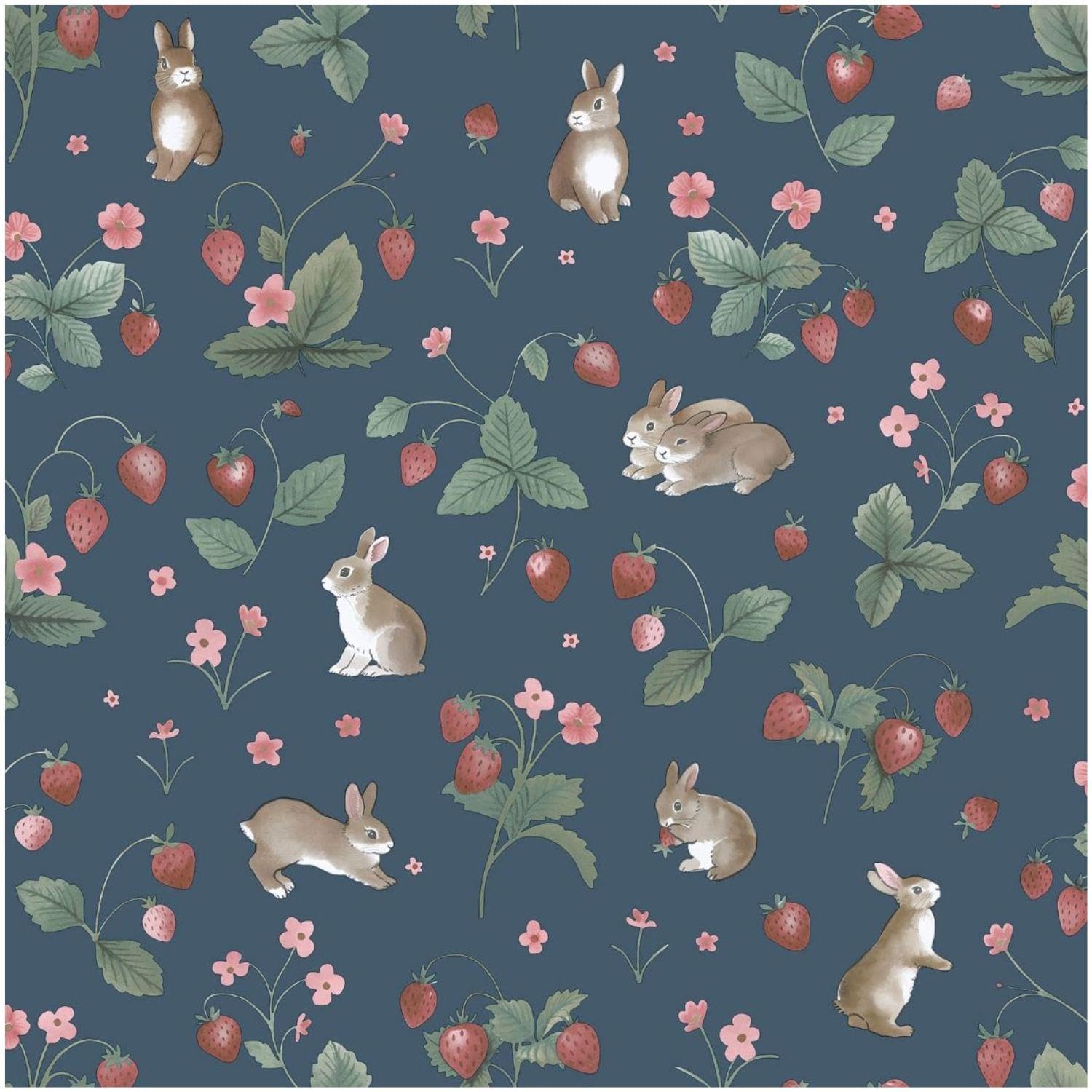 Yöl Navy Bunnies Berries Wallpaper - Washable Paste The Paper - Contemporary Versatile - Kids Bedroom Nursery - Feature Statement Wall - Animal Print Botanical - Playful