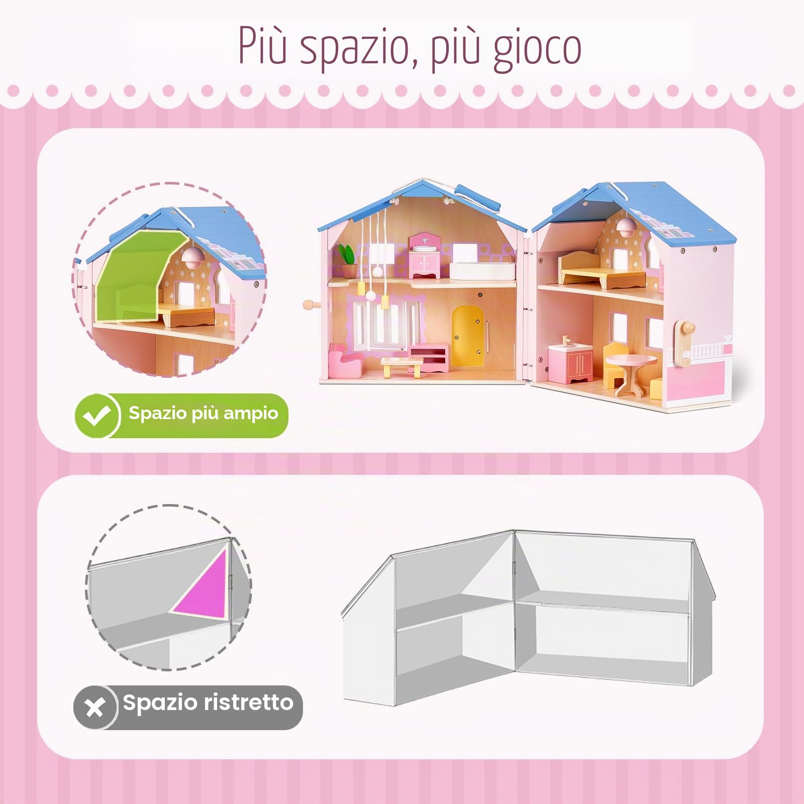 Giant bean - Squisita casa delle bambole in legno rosa per ragazze, con bambole e accessori per mobili, pieghevole e portatile, ideale per bambini dai 3 anni