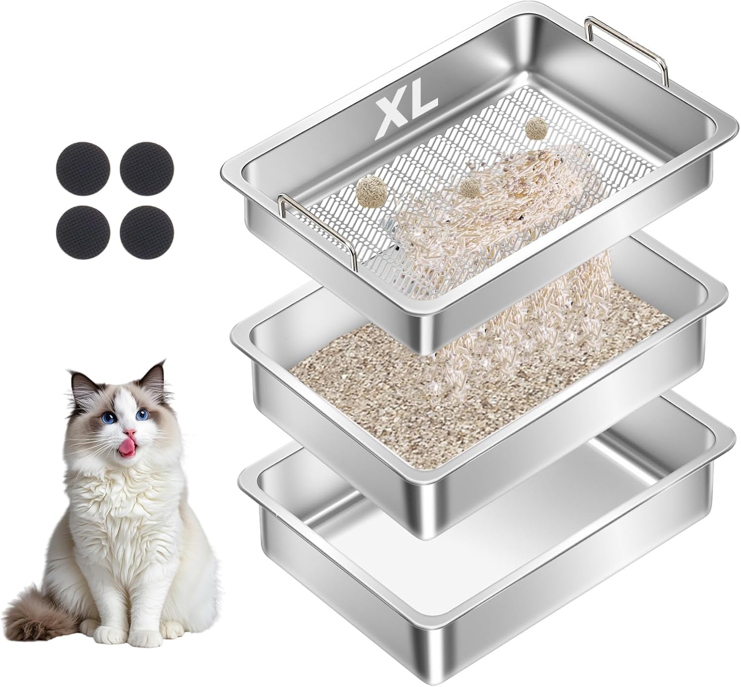 Stainless Steel Sifting Cat Litter Box for Clumping Clay Litter with Two Interchangeable Bottom Pans, Large Metal Litter Box with High-Speed Sifting System, Odor Control (19.7" x 13.7" x 5.9")