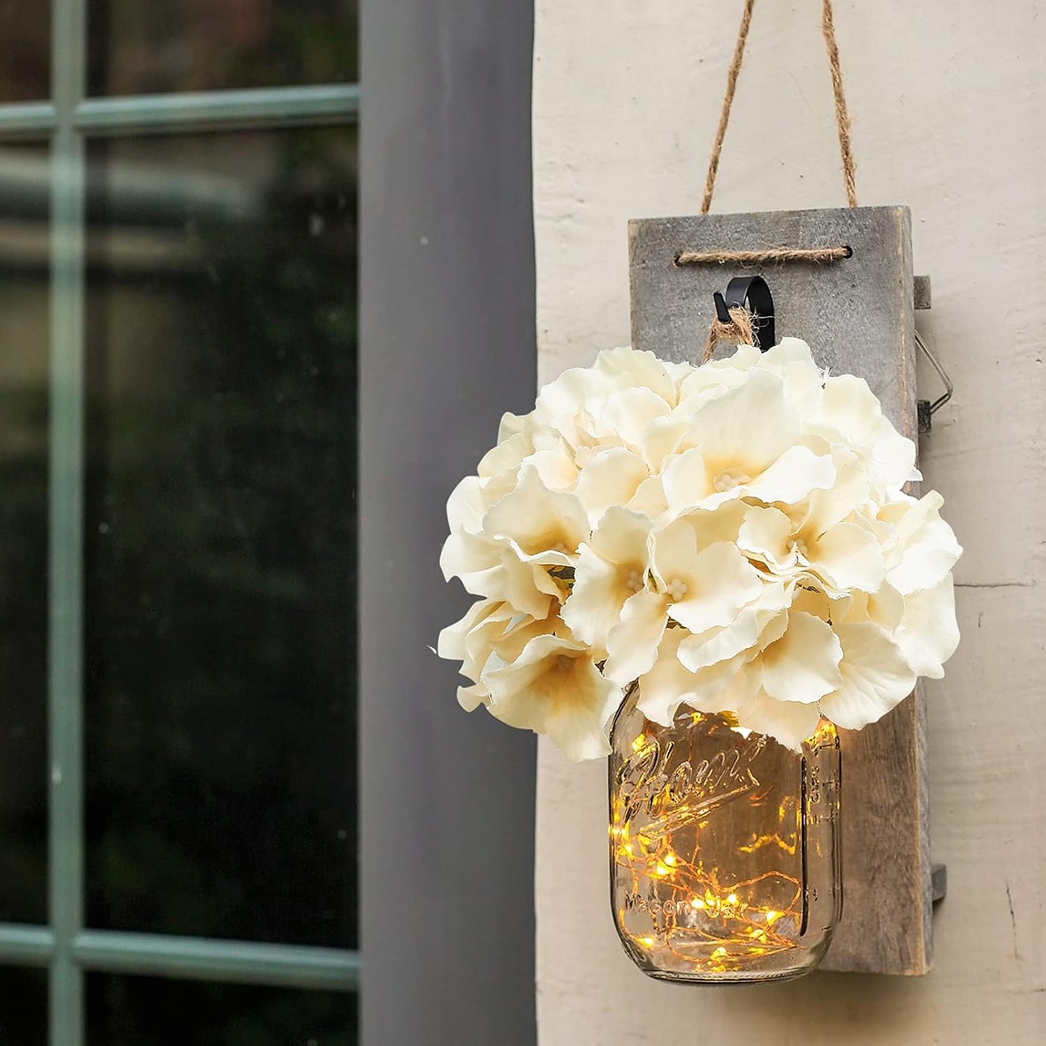 HABOM Rustic Mason Jar Wall Decor Sconces - Decorative Home Lighted Country House Hanging with LED Fairy Strip Lights and Flowers Hydrangea Farmhouse Sconce Jars (Set of 2)