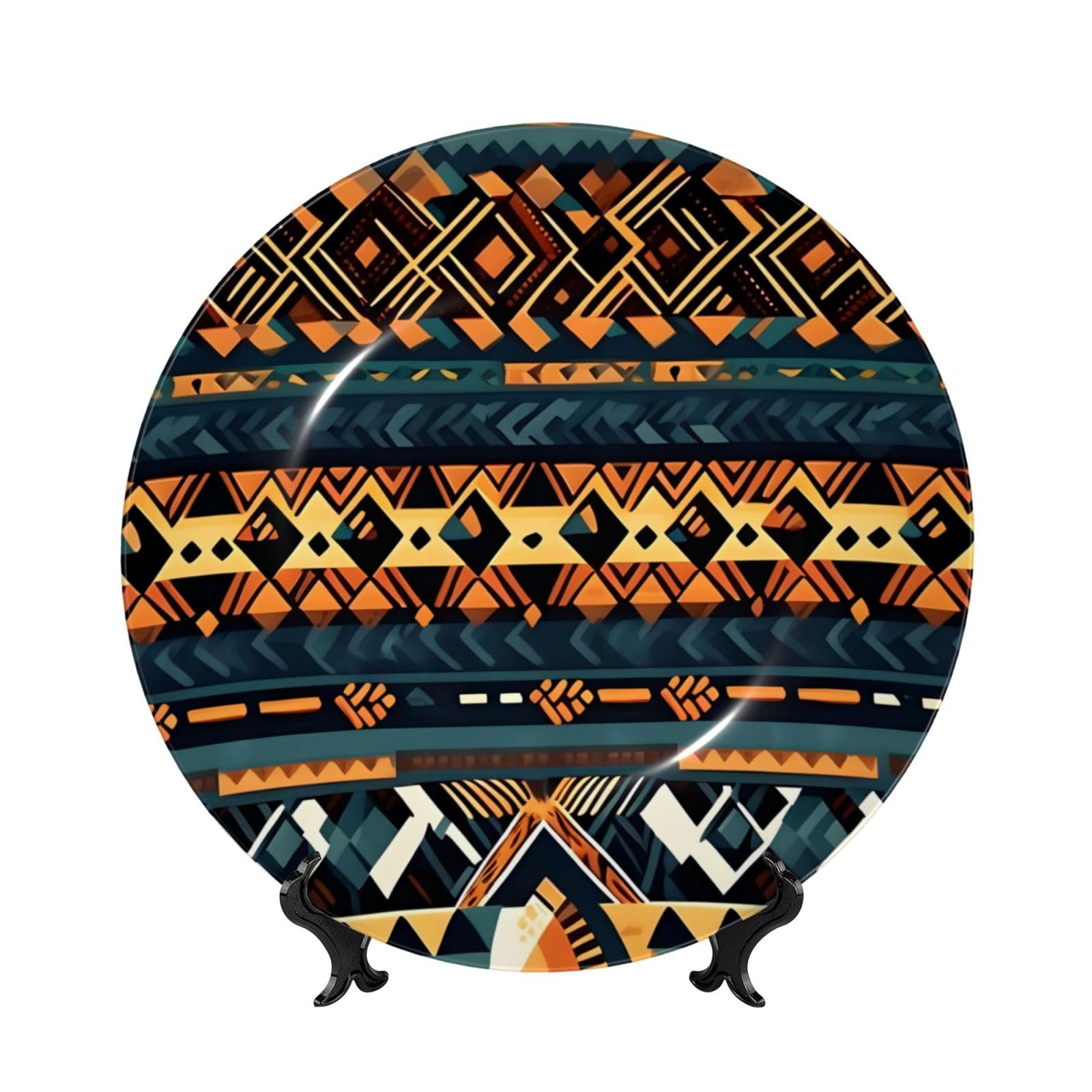 SXZVVBN African Tribal Ethnic Texture Bone China Decorative Plate Art with Stand Removable Adhesive Hanging for Home Office 7in