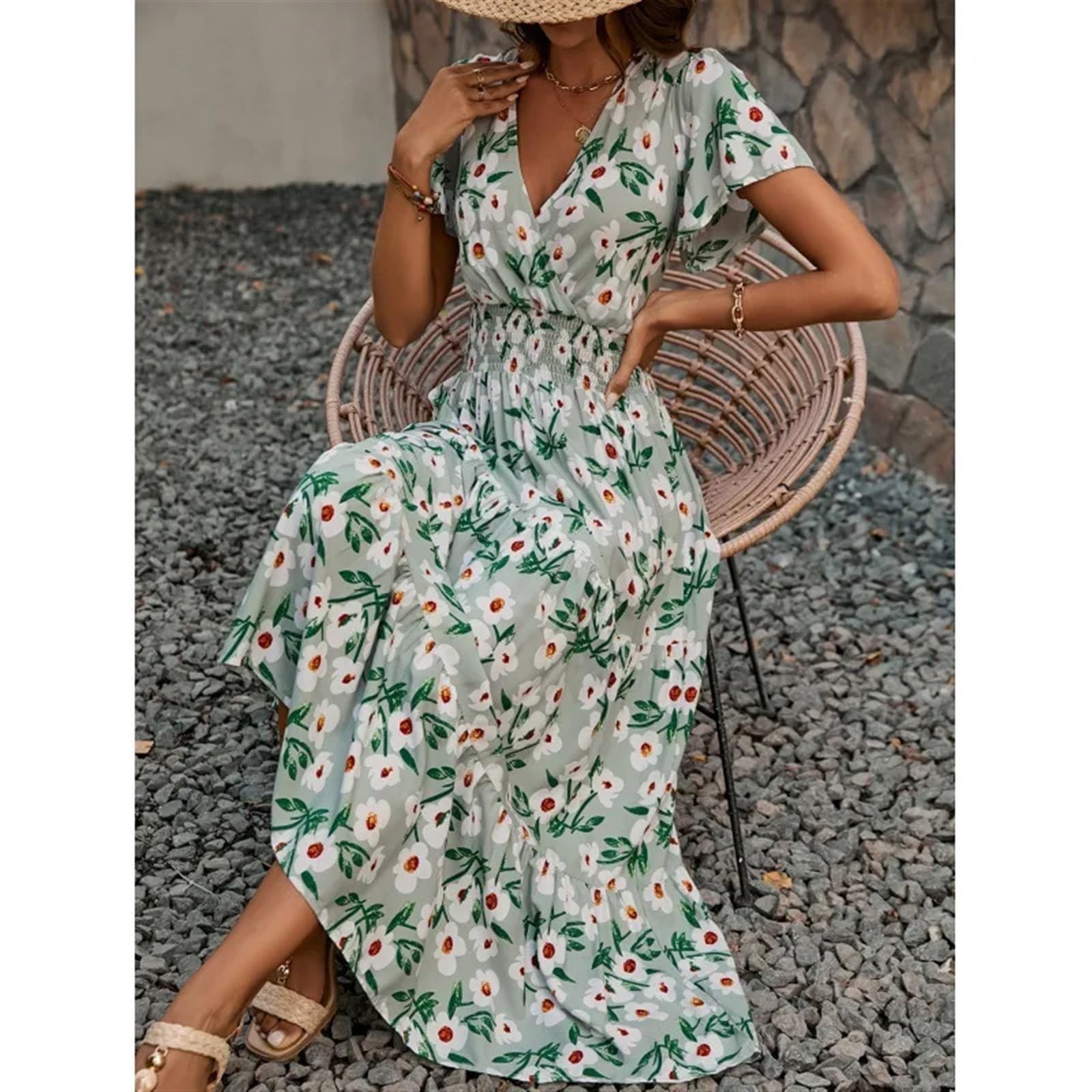 Vestido Cruzado con Estampado de Verano for Mujer, Vestido Informal Ajustado de Manga Corta con Cuello en V para Mujer(S)