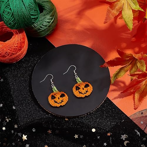 Miniatura 7 de FREEBLOSS Kit de 12 pares de aretes de ganchillo estilo calabaza, algodón, adulto, Halloween, kit