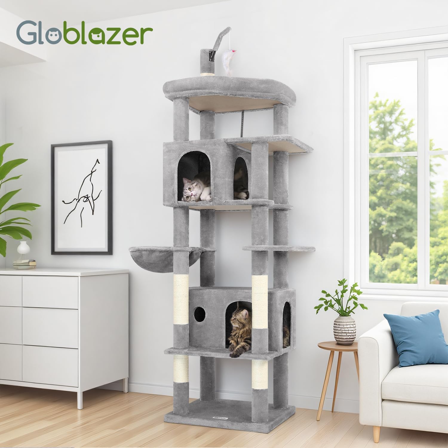 Globlazer Cat Tree for Indoor Cats Large Adult, 74in Tall Cat Tower with Scratching Post, Heavy Duty Cat Tree Tower with 2 Spacious Caves, Oversized Top Perch, Big Hanging Basket, F74B, Light Grey