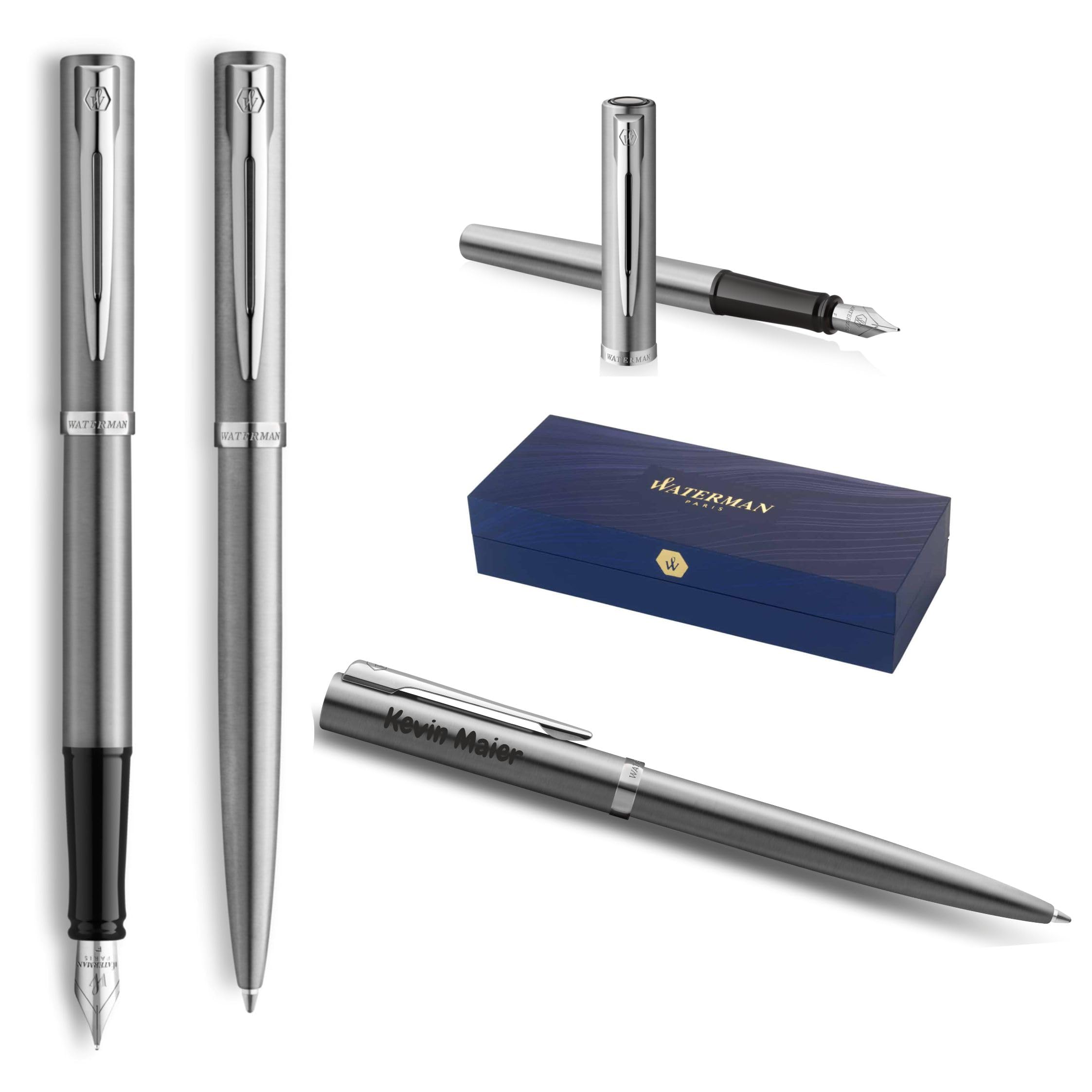 Waterman Impression Kugelschreiber & Füllfederhalter Set mit Gravur – Personalisierter Premium-Füller – Elegantes Schreibset für Männer & Frauen – Blaue Tinte (Stainless Steel CT)