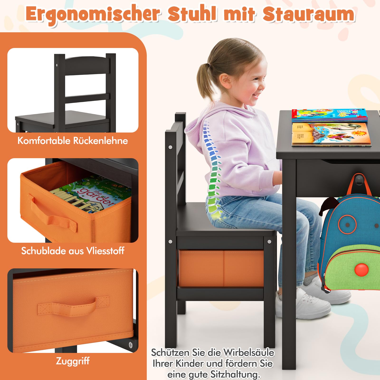 COSTWAY Kindertisch mit Stuhl, Schreibtisch aus Massivholz mit klappbarer Tischplatte, Schublade & Haken, Aktivitätstisch Kindersitzgruppe mit Stauram für Kinder ab 3 Jahren (Mit Box,Braun)