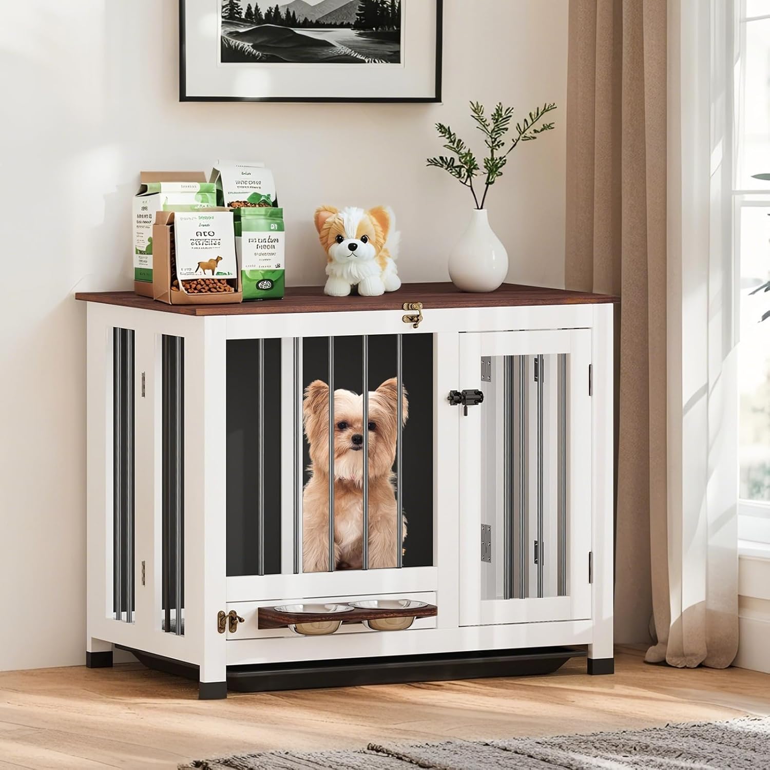 Dog Crate Furniture - 31.5" Wooden Indoor Dog Kennel with 360° Rotating Feeder & Removable Tray | Sturdy End Table for Medium & Small Dogs | Easy Assembly, White Dog Cage for Living Room