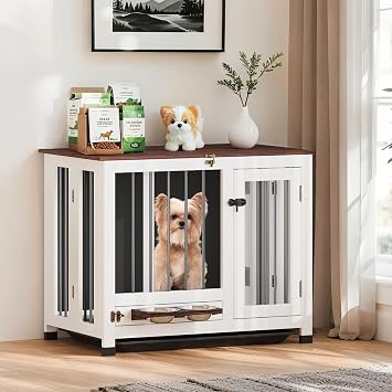 Dog Crate Furniture - 31.5" Wooden Indoor Dog Kennel with 360 Rotating Feeder & Removable Tray | Sturdy End Table for Medium & Small Dogs | Easy Assembly, White Dog Cage for Living Room