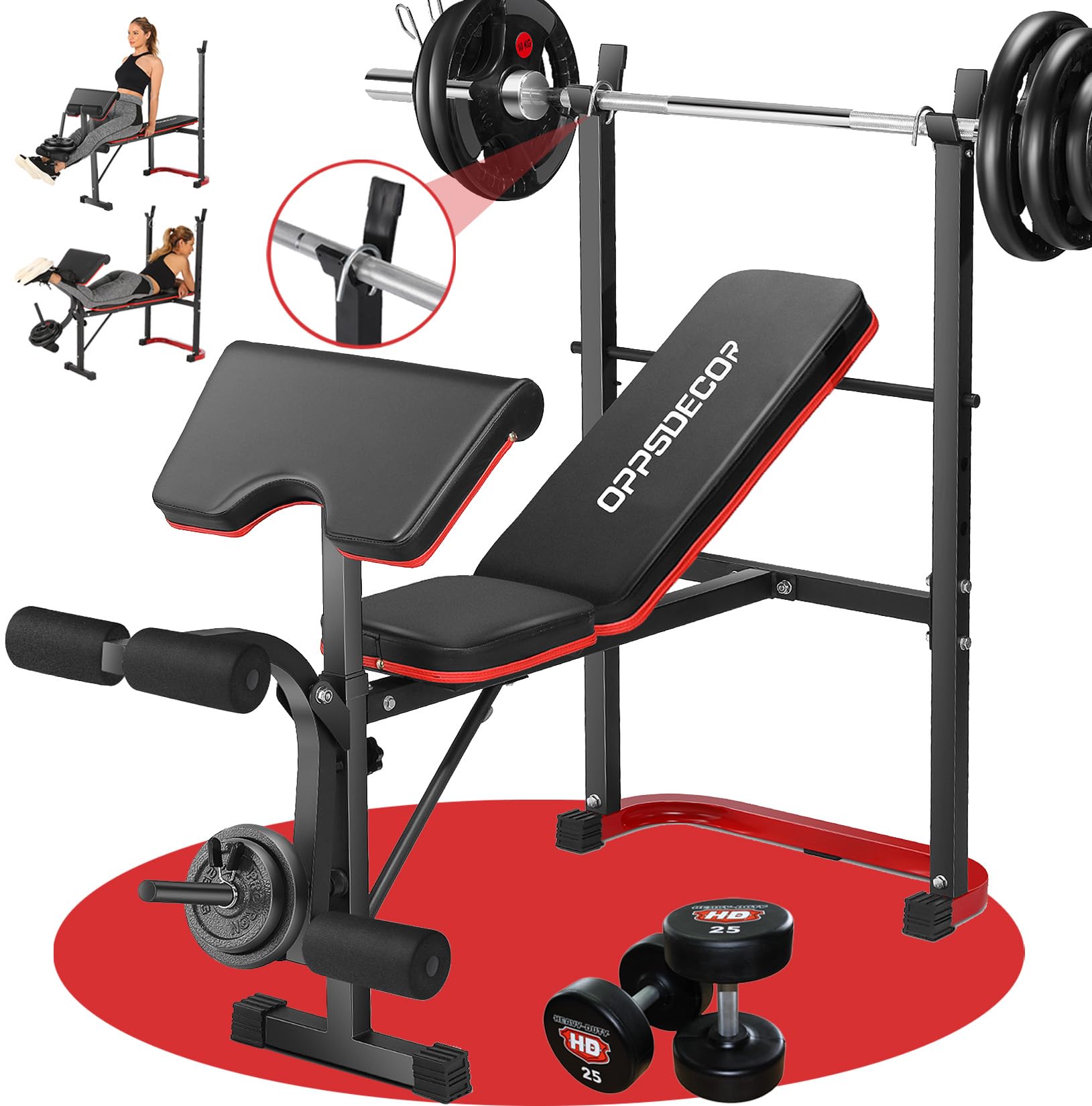 Standard Weight Bench Set with Leg Extension and Leg Curl, 660 LBS Adjustable Bench Press Set with Preacher Curl Pad, Flat Incline Workout Bench for Home Gym, Strength Training Machine for Teens