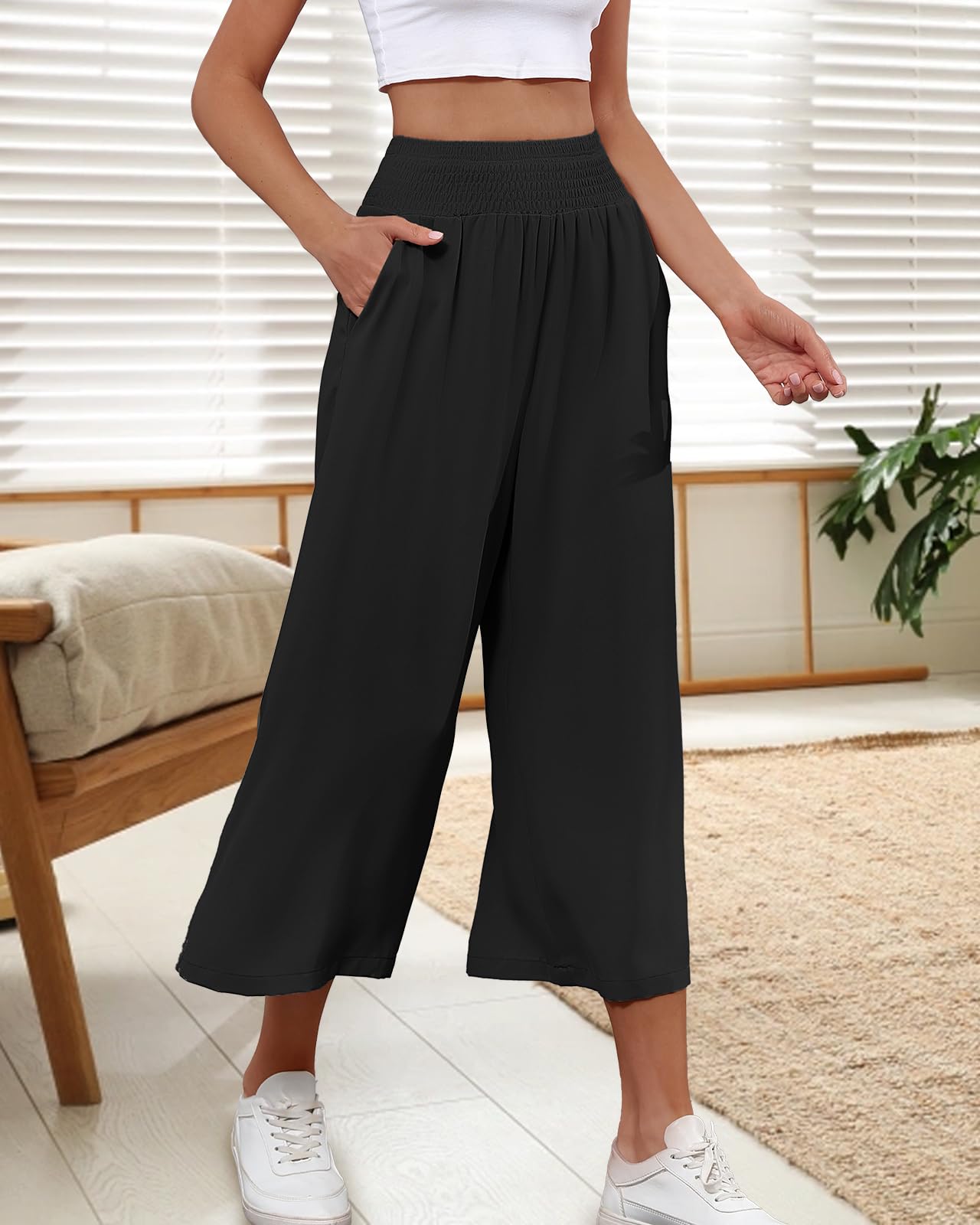 HMIYA Damen 3/4 Culotte Hose Leichte Weites Bein Sommerhose