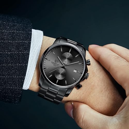 Miniatura 5 de Golden Hour Fashion Business Relojes para hombre con cronógrafo, a prueba de agua, de acero inoxidable, reloj de cuarzo con fecha automática