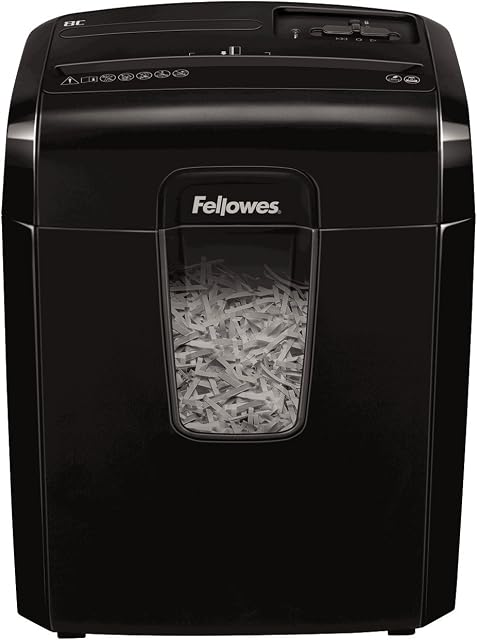 Fellowes Paper Shredder for Home Office Use - 8 Sheet Cross Cut Shredder for Home and Personal Use - Deskside Shredder with 14 Litre Bin and Safety Lock - Powershred 8C - High Security P4 - Black