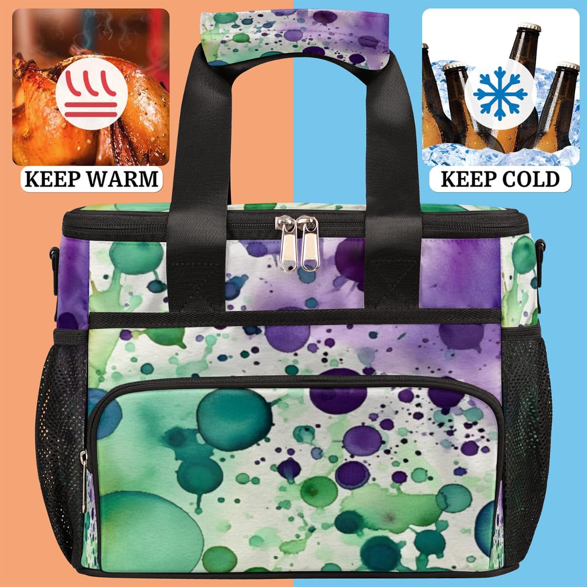 Ink Splashes Insulated Picnic Backpack Lunch Box for Women Men Picnic Basket Tote Lunch Bag Picnic Bag Portable Lunch Bags for Picnic, Beach, Work, Trip,Office, Camp Watercolor Dots