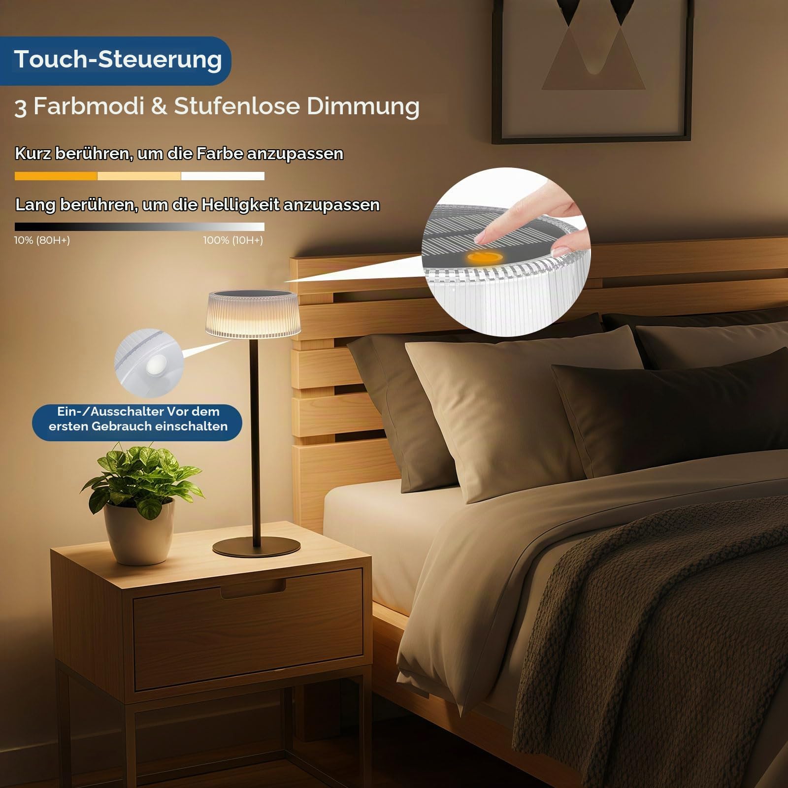 2er-Pack Akku Tischleuchte, 3CCT Dimmbar Solar Tischlampe Kabellos | Alinana IP67 LED Touch Lampe mit Solar- und Type-C Aufladung für Schlafzimmer und Garten