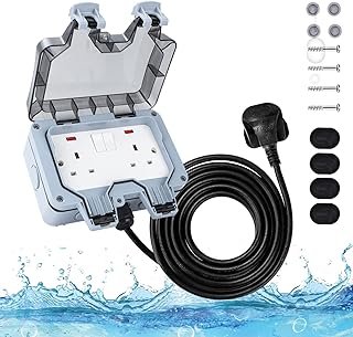 Dhouse Weatherproof Outdoor Socket Waterproof Double Socket 5M Extension Lead IP66 Switched Wall Electrical Outlet 2 Gang Power Socket,Garden Outside Plug Sockets Cover Box
