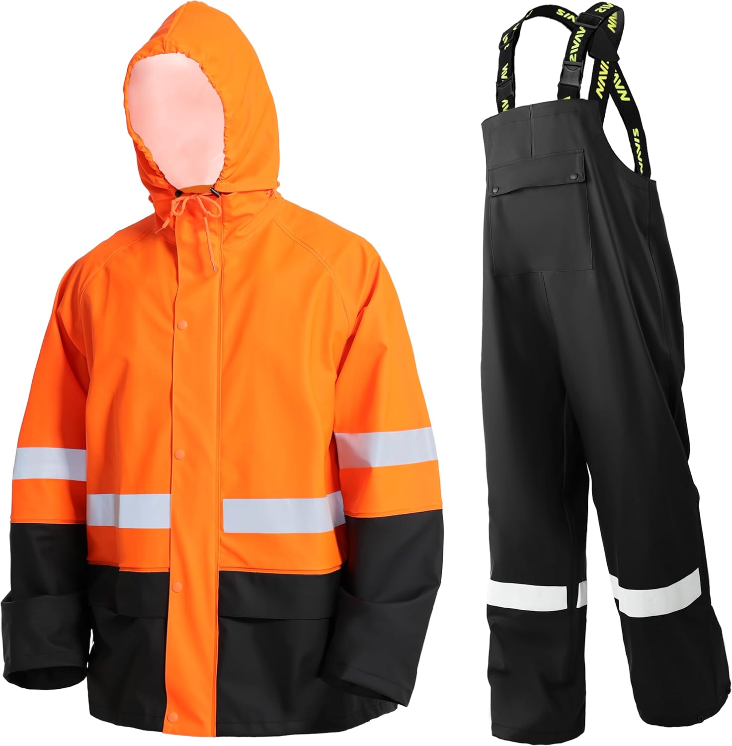 Men's Hi Vis PRO Workwear Waterproof 3-Piece Heavy Duty PU Reflective Rain Jacket, Hoodie & Bib Pants for Work and Safety