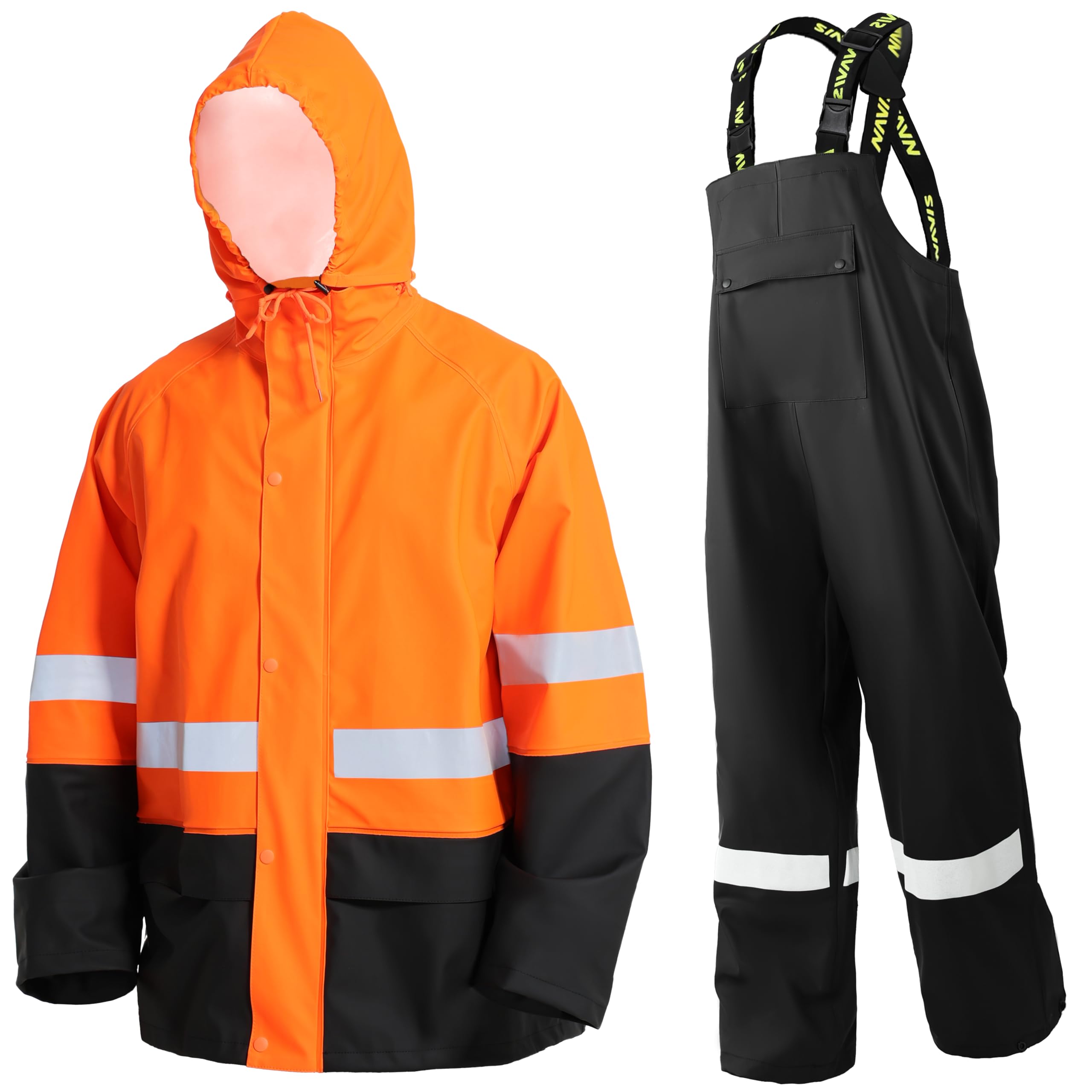 Regenanzug Herren Warnschutz Wasserdicht - PU Regenjacke & Latzhose, Regenbekleidung mit 360° Reflektoren. Ideal für Baustelle, Landwirtschaft, Outdoor