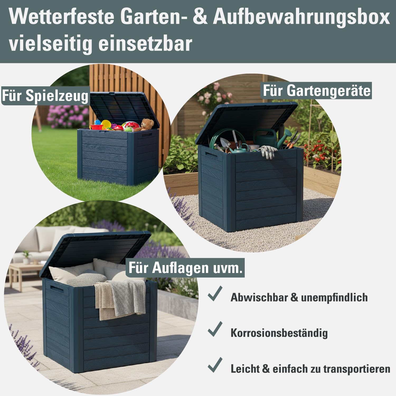 Prosperplast Woodebox Gartenbox Gartenkiste Kissenbox Kissentruhe Gartentruhe Verschließbar Kunststoff 140 Liter (Anthrazit)