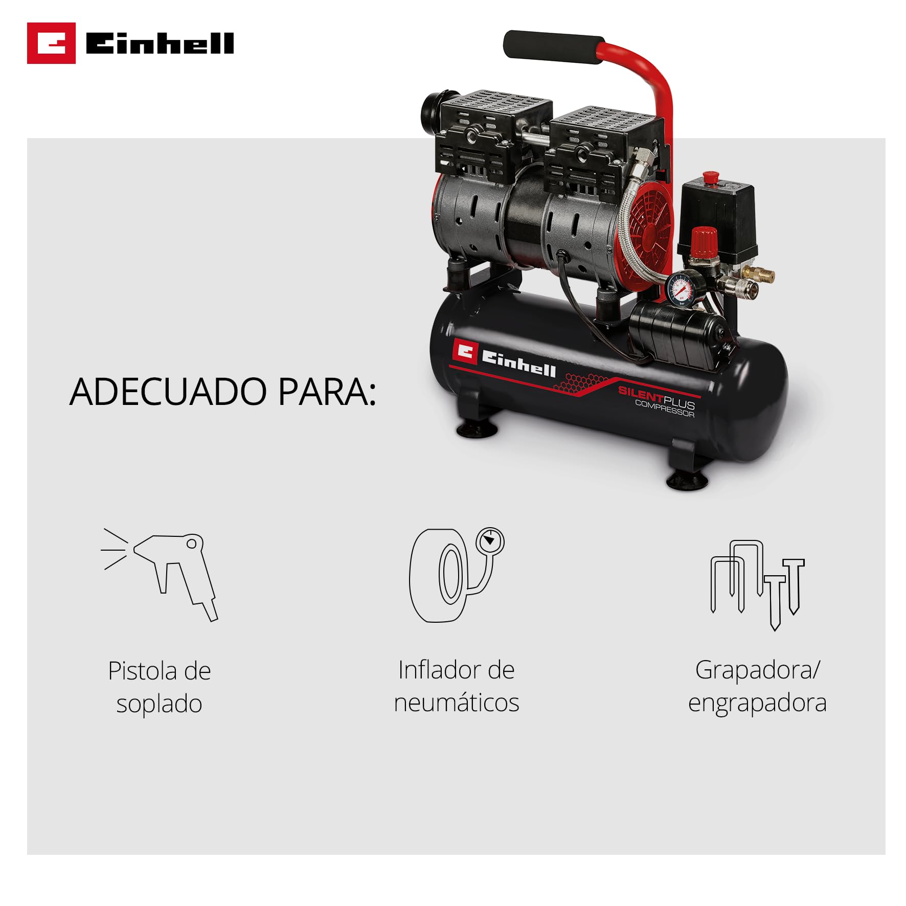 Compresor TE-AC 110/6 Silent Plus de Einhell (550 W, máx. 8 bar, depósito 6 l, potencia de aspiración 110 l/min, velocidad de motor 1450 rpm, manómetros, acoplamiento rápido, sin aceite)