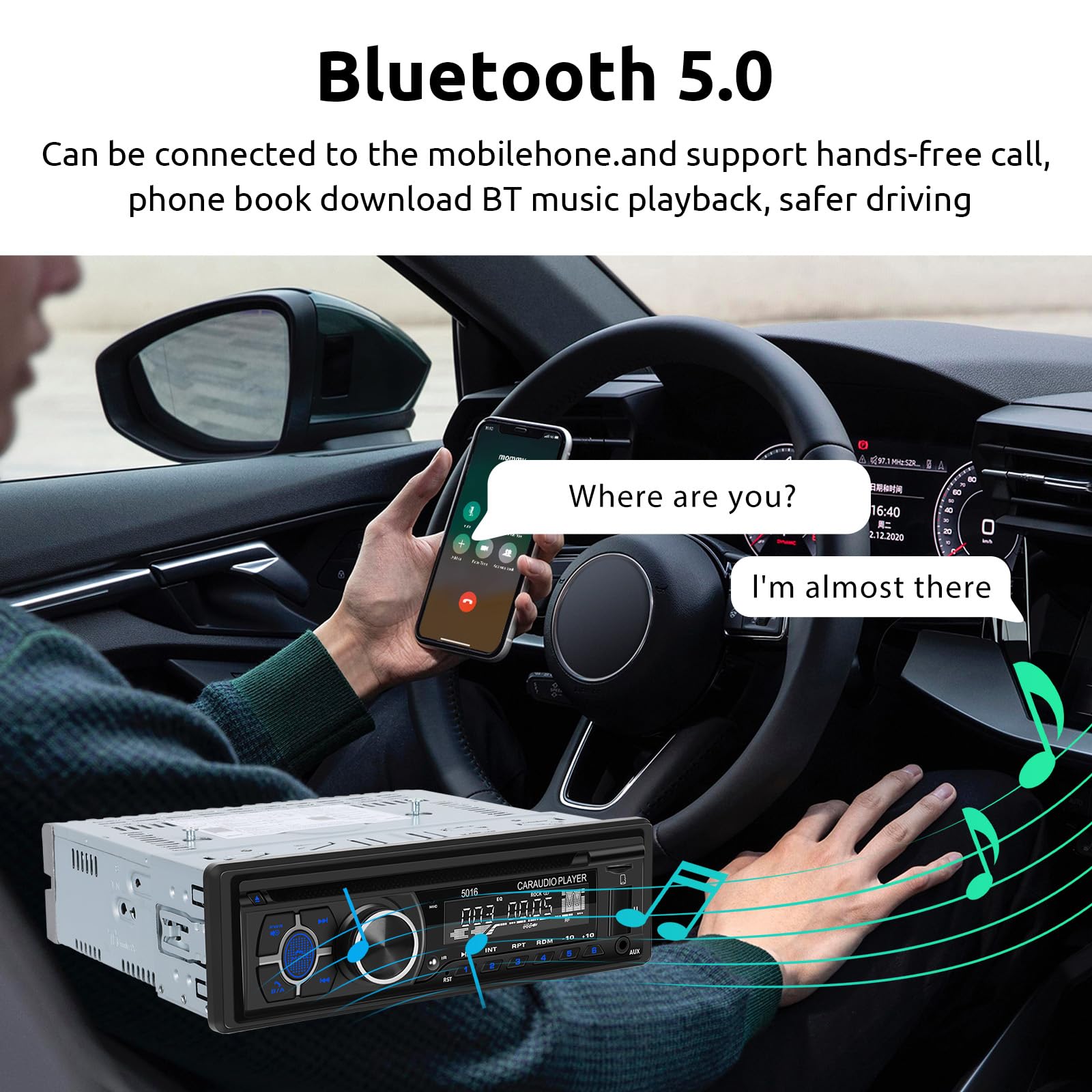 Podofo Radio Auto 1 DIN Radio FM/AM, Lecteur DVD/CD Musique Bluetooth Appels téléphoniques Mains Libres APP Locate EQ Entrée USB/TF Lecteur MP3 Auto