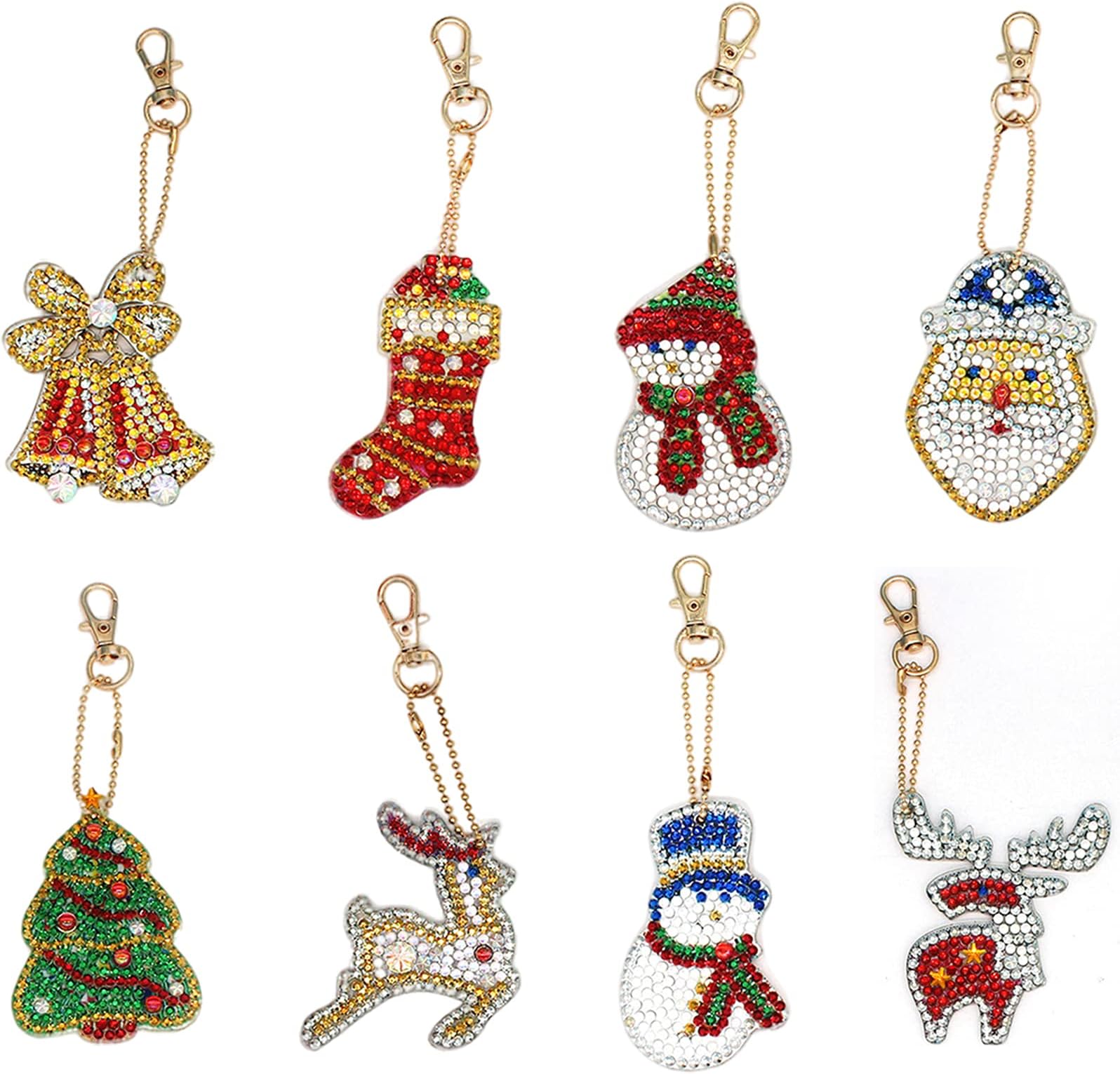 VEGCOOVEGCOO 8Pcs Christmas Diamond Painting Keychain, Full Drill Crystal Cute Keychain, DIY Art Craft Rhinestone keyrings Kits for Women Girls Purse/Key Pendant/Bag Decor (C)