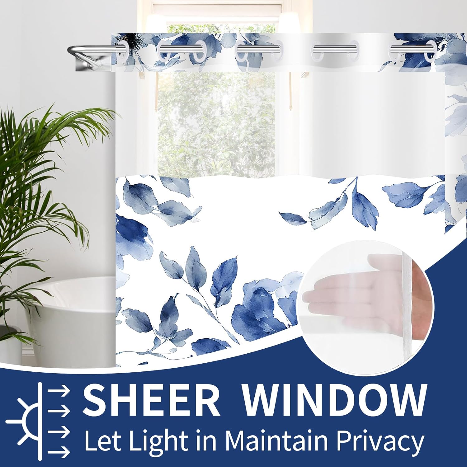 No Hook Shower Curtain with Snap in Liner,Floral Shower Curtain Fabric Waterproof Inner Liner Modern Abstract Navy Blue Flower Bathroom Shower Curtain Set Machine Washable 71 x 74in