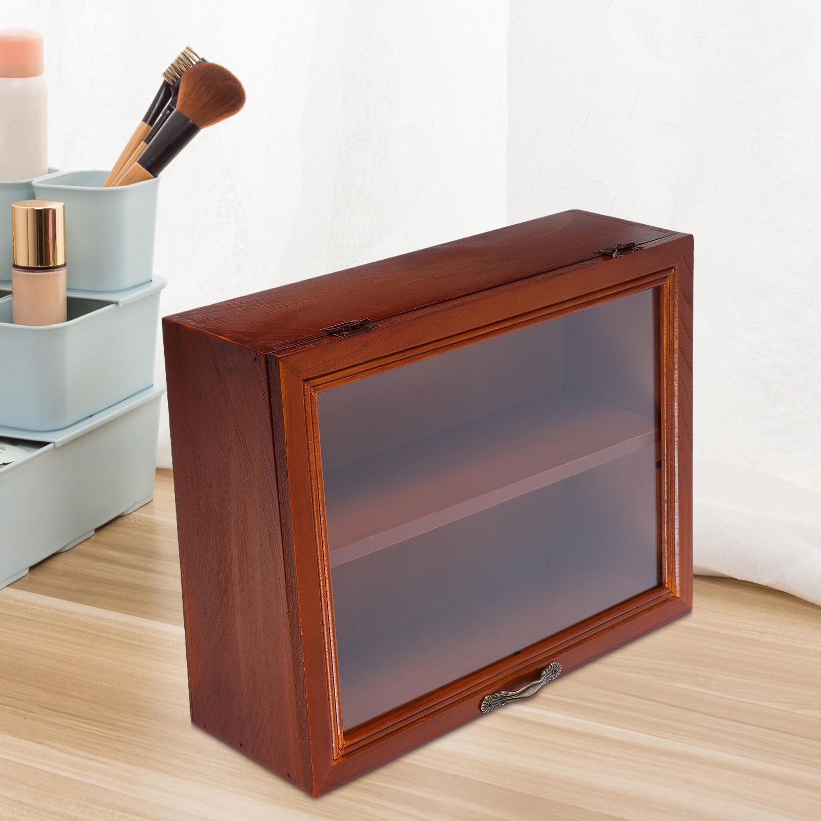 Expositor de Colecciones en Madera Maciza Acabado Envejecido, Vitrina Pequeña para Escritorio Puerta de Acrílico Adecuado para Almacenamiento y Organización de Objetos