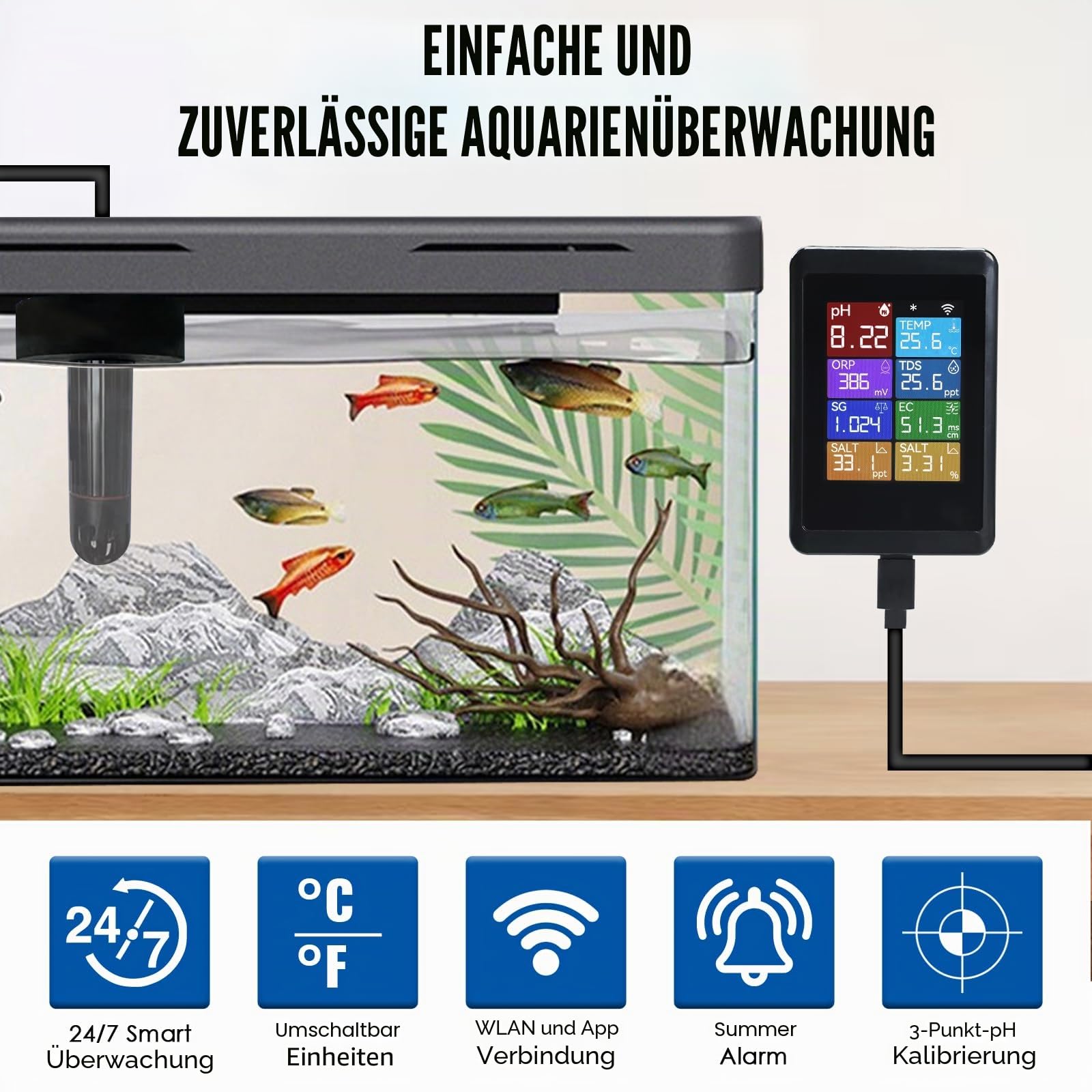 TEKCOPLUS Digitales pH-Messgerät, WLAN, Wasserqualitätsmonitor mit Sonde für Aquarien, Hydrokultur, Schwimmbäder, Teiche, Laboratorien, 8-in-1, misst pH Temp TDS EC Salzgehalt ORP SG