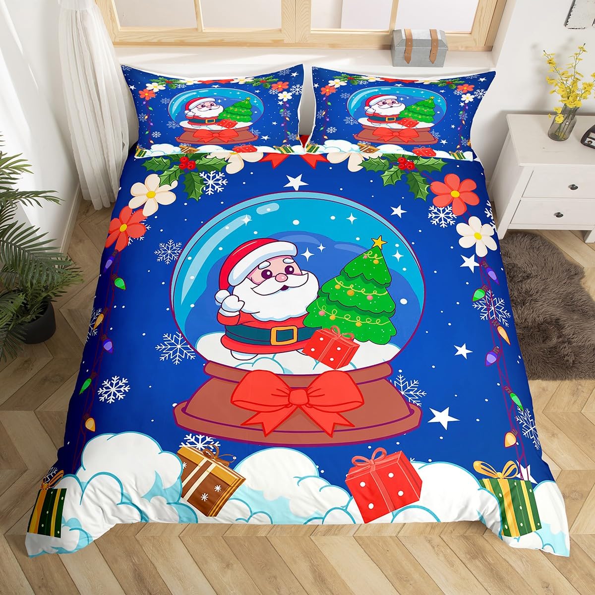 Homewish Święty Mikołaj Boże Narodzenie niebieski king size zestawy poszewek na kołdrę kokarda kokarda płatek śniegu kwiatowa pościel ostrokrzew kryształowa kula kwiaty czerwona poszewka na kołdrę