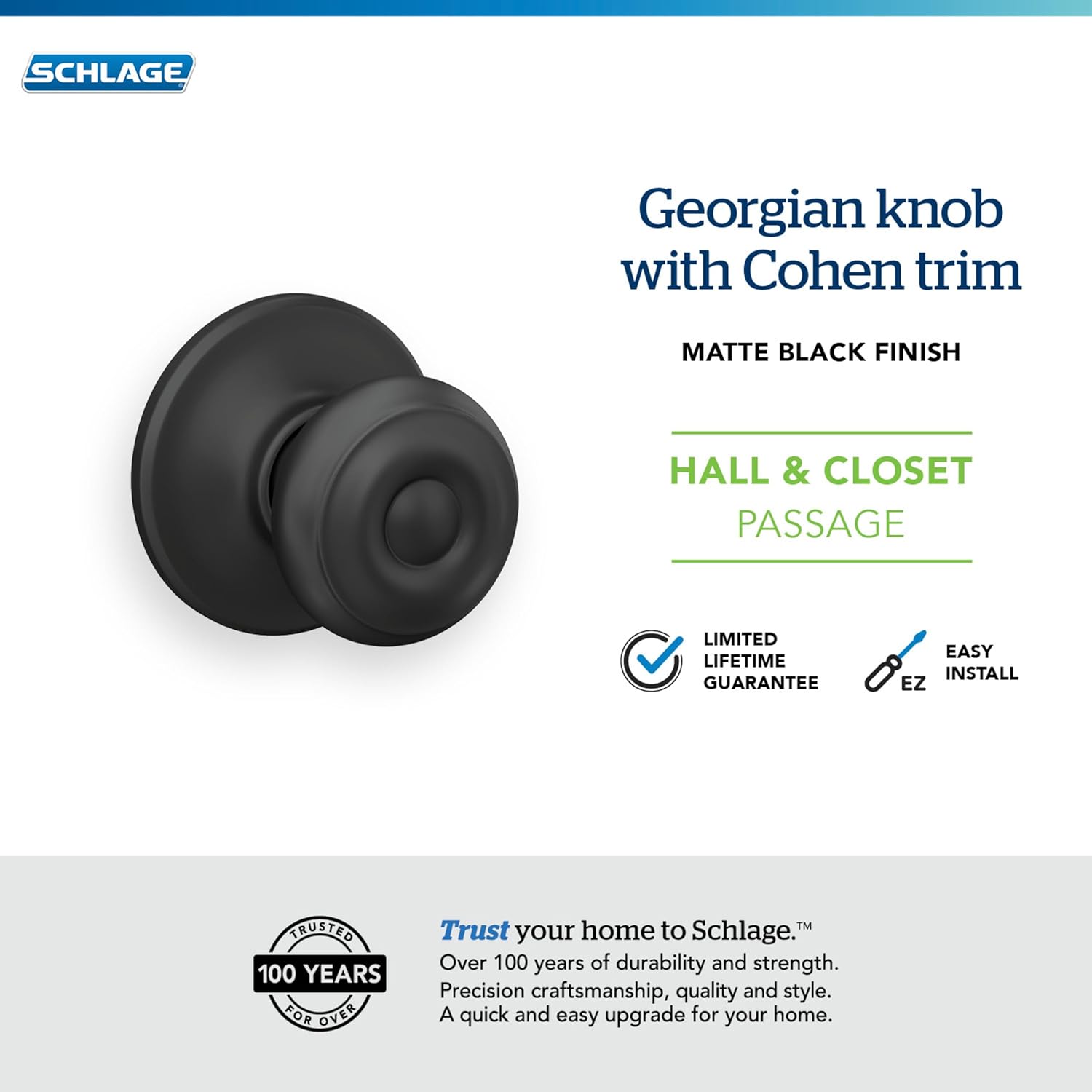 Schlage F10 GEO 622 COH Georgian Door Knob with Cohen Trim, Hall & Closet Passage Lock, Matte Black