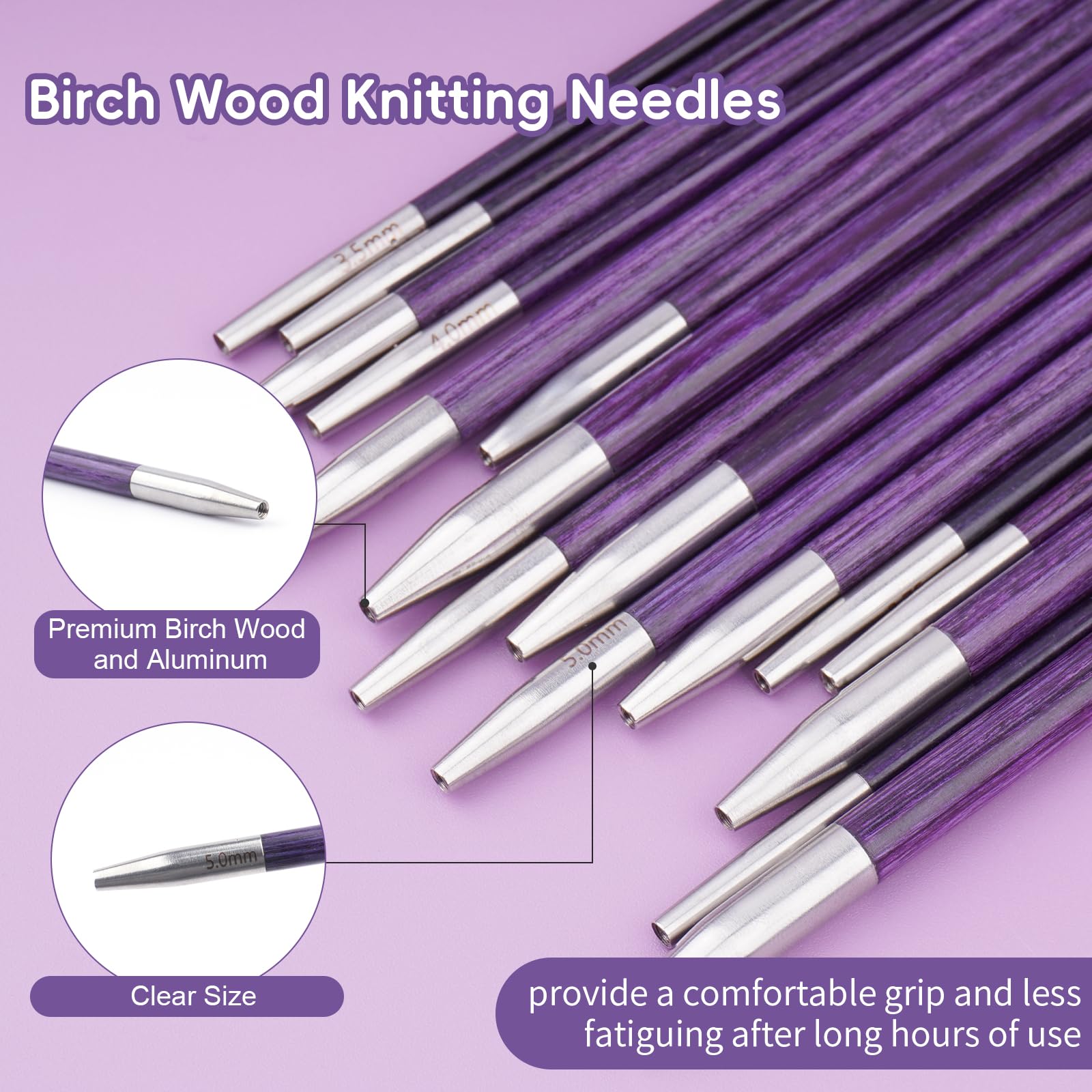 Hobekoee Austauschbares Rundstricknadel-Set | 8 Paar austauschbare Stricknadeln aus Birkenholz, 3,5 mm - 6,5 mm, mit Kabeln, Zubehör und Etui (lila)