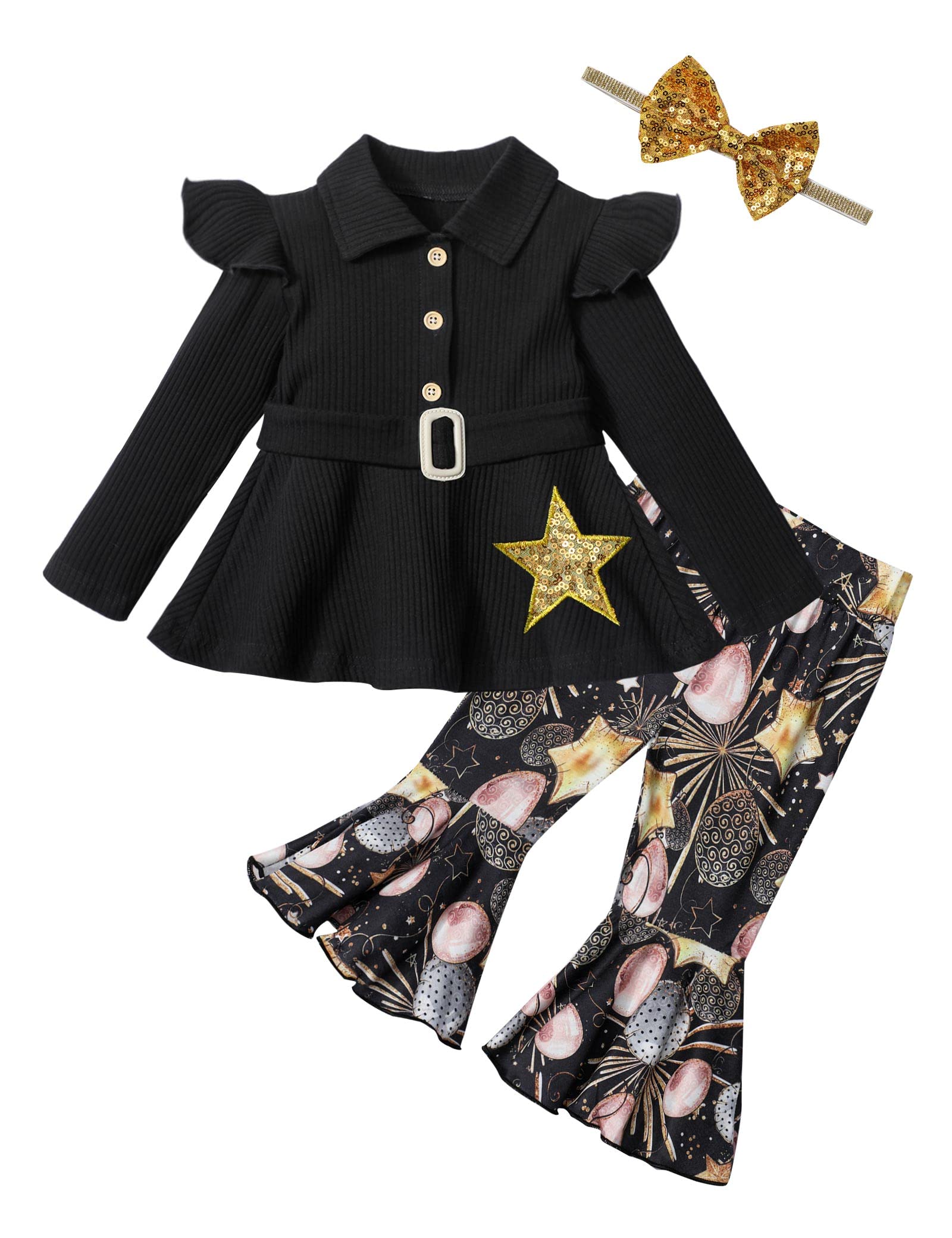 Photo 1 of *USED* MIGU Toddler New Years Eve Girl Outfit 2023 Black Stars Fireworks Flared Pants Headband 3pcs New Years Gifts 2-3T Black+new