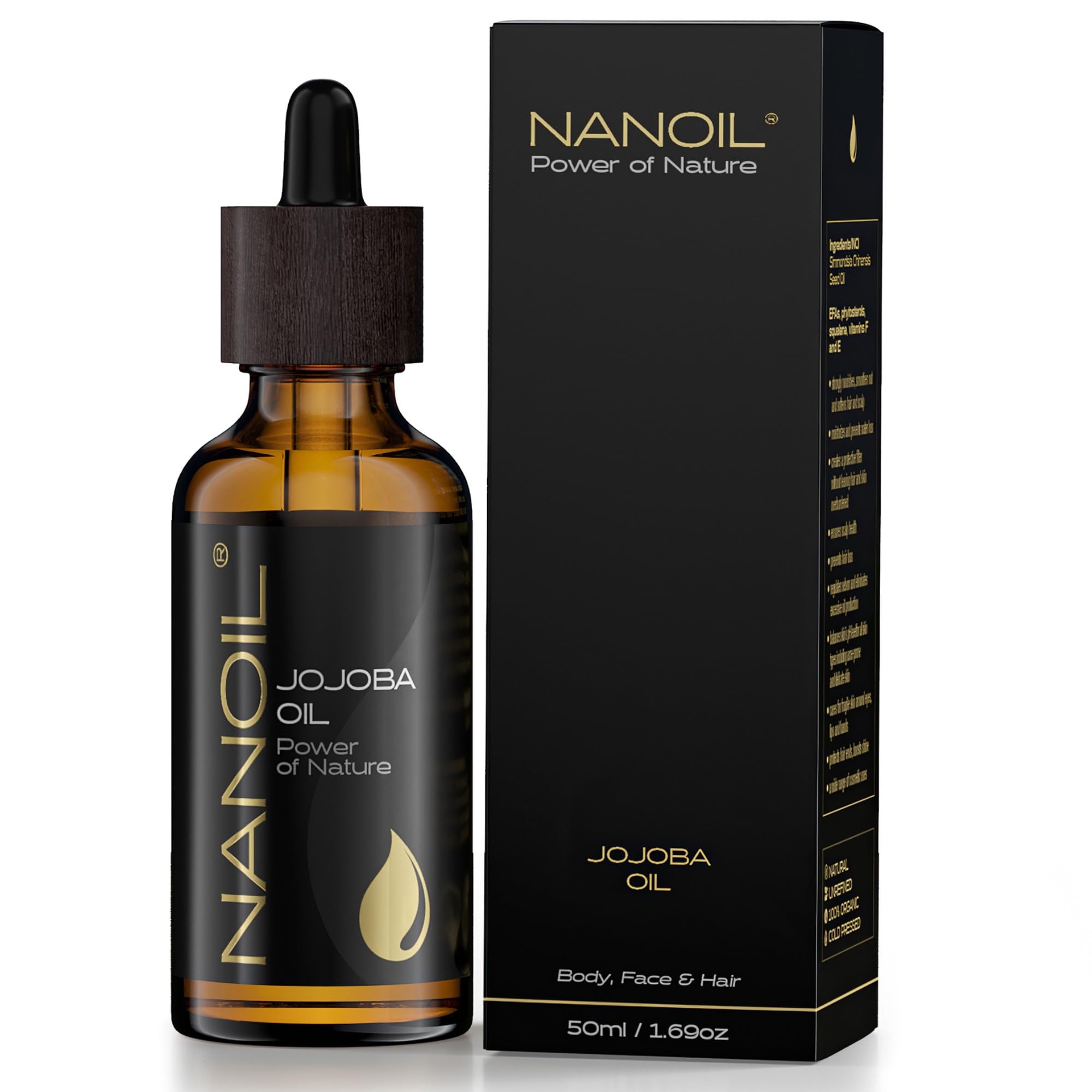 Olejek Nanoil 50 ml - naturalny, zimnotłoczony i nierafinowany olejek do pielęgnacji włosów, ciała i twarzy, odżywiający, nawilżający (Jojoba)