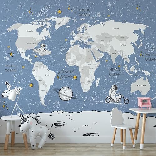 Vista 117 de Papel tapiz para habitación de niños, mapa del mundo con países, papel tapiz para guardería de animales pelar y pegar, murales de pared para niños