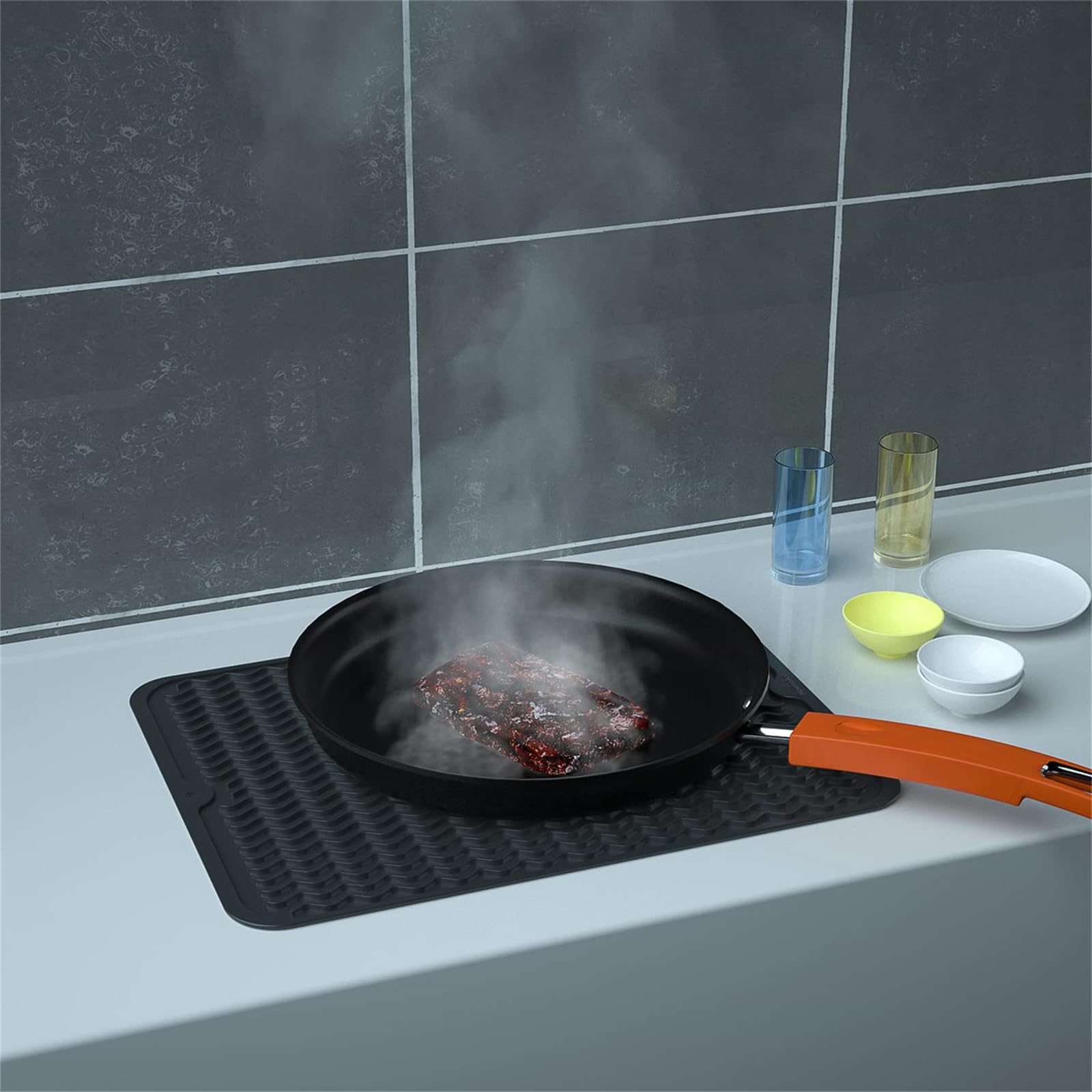 Tappetino scolapiatti in Silicone - 40 x 30 cm Grande Tappetino Antiscivolo scolapiatti, Senza BPA, Tappetino scolapiatti Arrotolabile con Spazzola per la Pulizia in Spugna