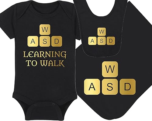 Gaming Baby Onesie - Learning To Walk WASD (0-3 Month - Black Fabric - Gold Design)