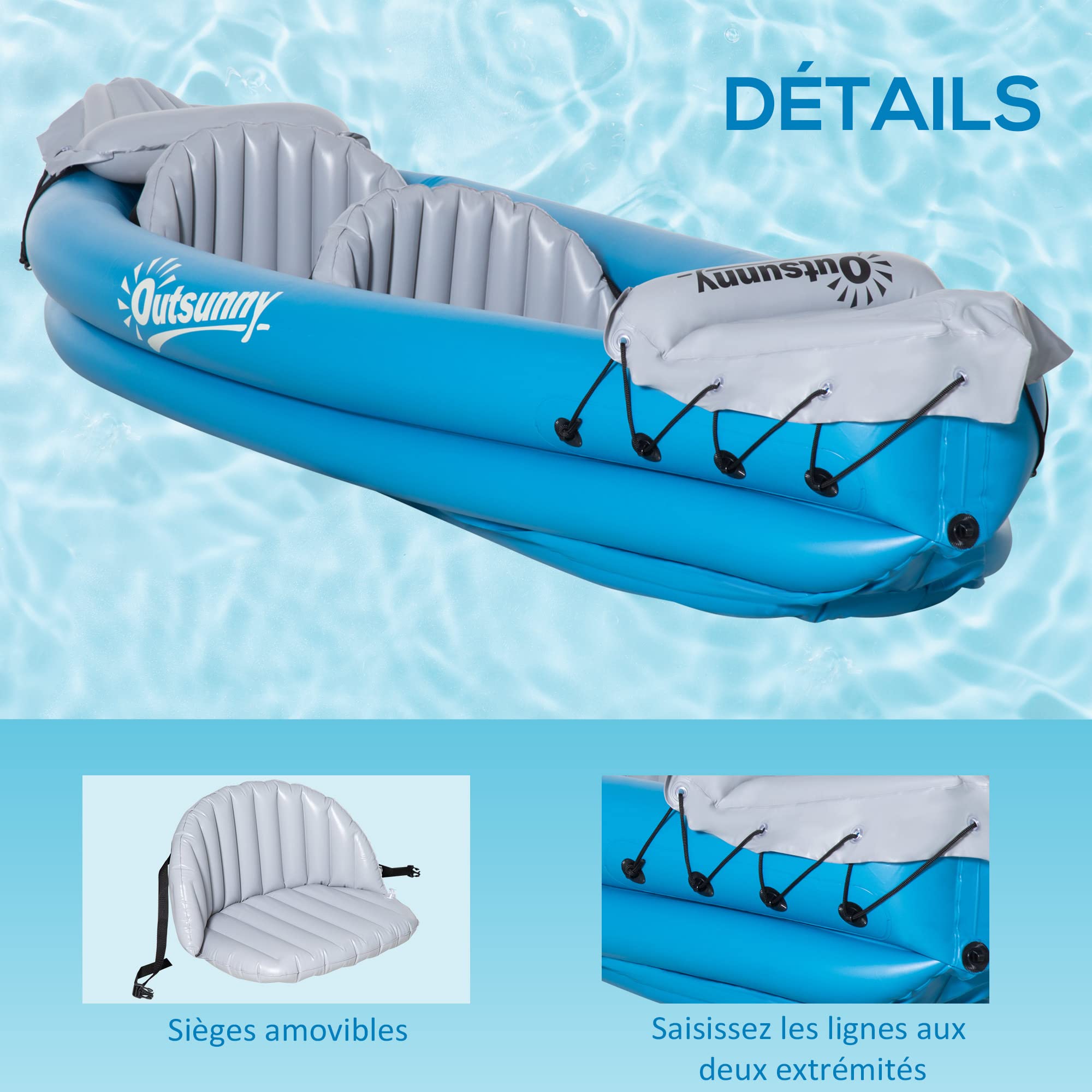 Outsunny Kayak Gonflable pour 2 Personnes avec Pompe à air, rames en Aluminium, Bleu