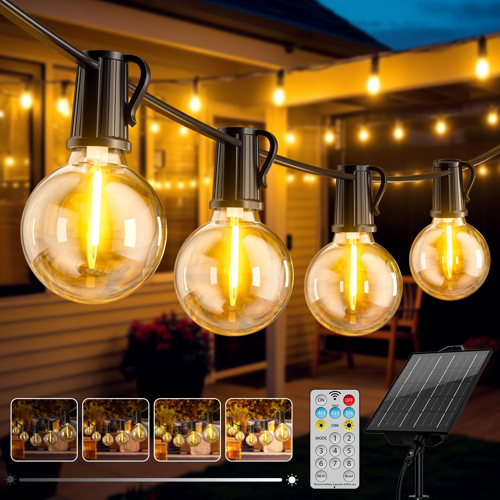 Guirnaldas Luces Exterior Solar, 17.1M/56.1Ft Lámparas Solares de Jardín Luces con 24 + 1 G40 Bombillas, 8 Modos Impermeable Guirnalda Solares para Jardín, Terraza, Navidad, Fiesta