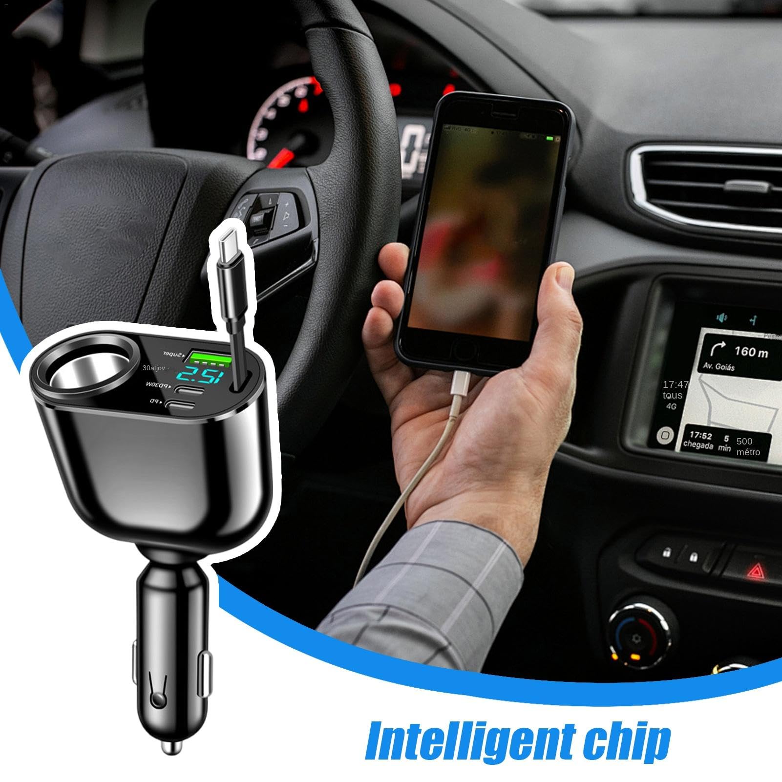 Adattatore per Caricabatteria da Auto, Caricabatteria da Auto USB Rapido | Caricabatterie Automatico per Cellulare con Cavo retrattile | Adattatore per Caricabatterie Automatico Design esterno p