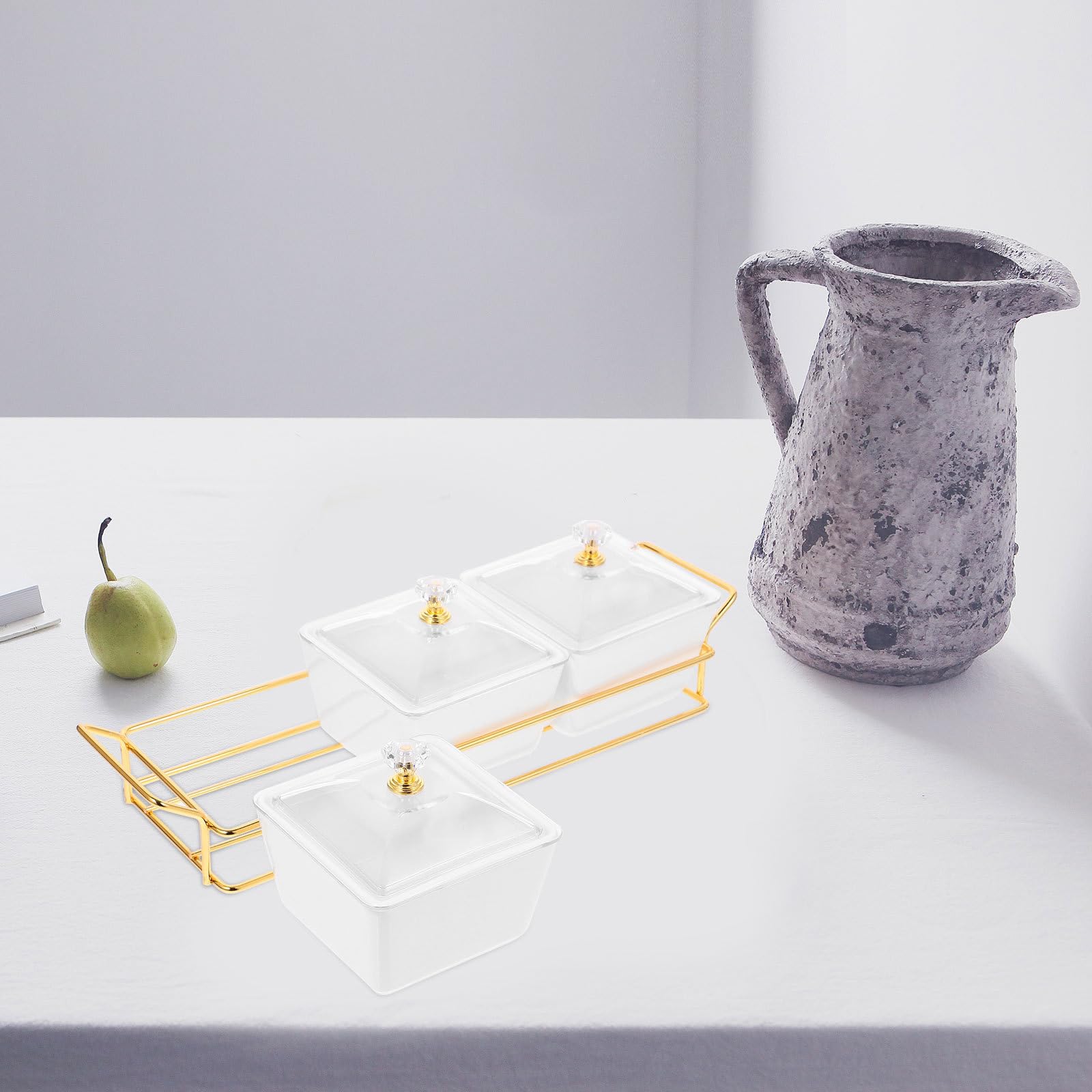 GLEAVI Geteilter Keramik Snackteller mit Deckel 3 fächer Design Glatte Oberfläche Weißer Minimalistischer Stil für Haushalt und Partys
