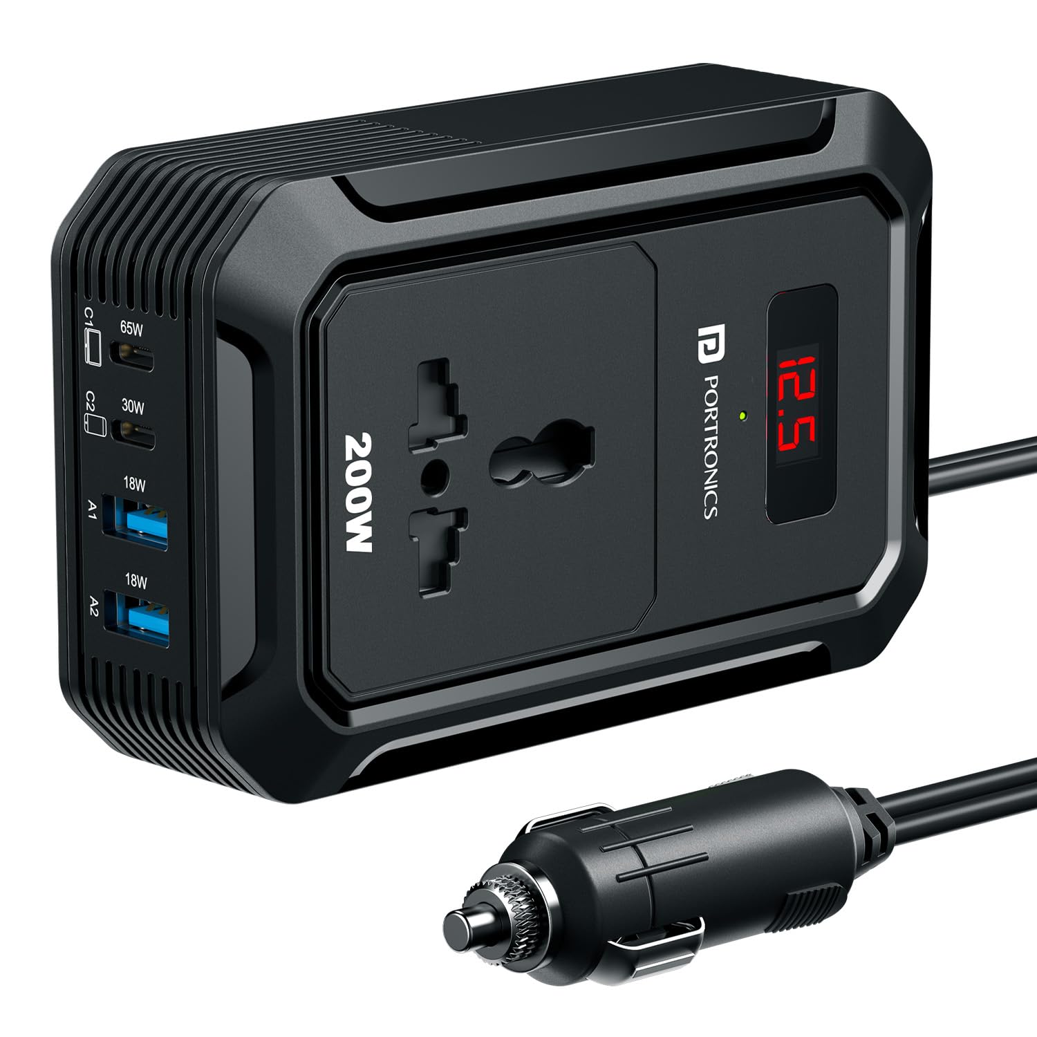 Portronics Car Power III Pro 200W Car Power Inverter with Universal AC Socket, 65W Type-C PD, 30W Type-C PD, Dual 18W USB, Real-Time Voltage Display, 12V Car Plug, Compatible with Laptops & Phones-image-16