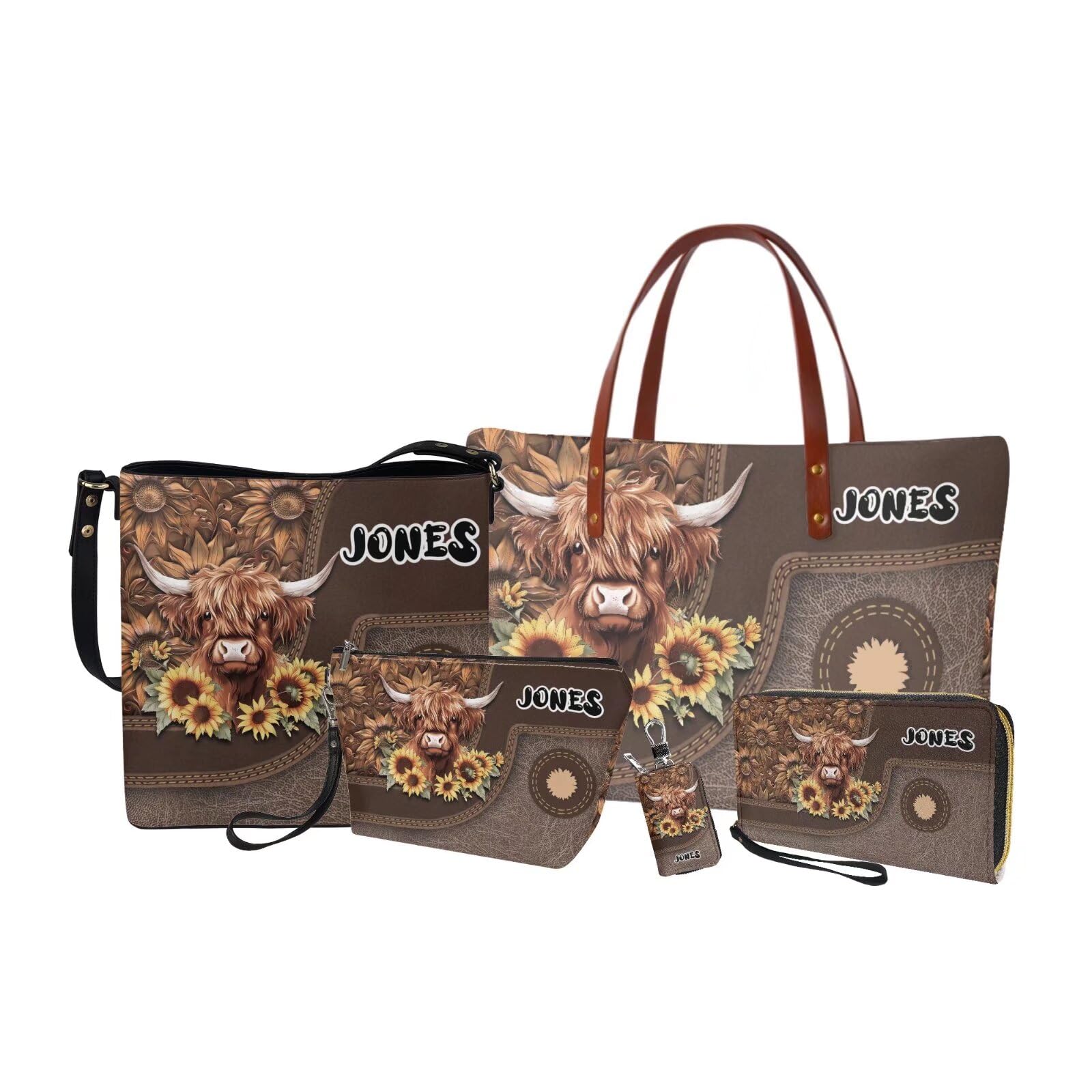 Sannovo 5 PCS Purse and Wallet Set Personalized Tote Bag with Name Leather Bucket Bag Wallet Cosmetic Bag Car Key Cover