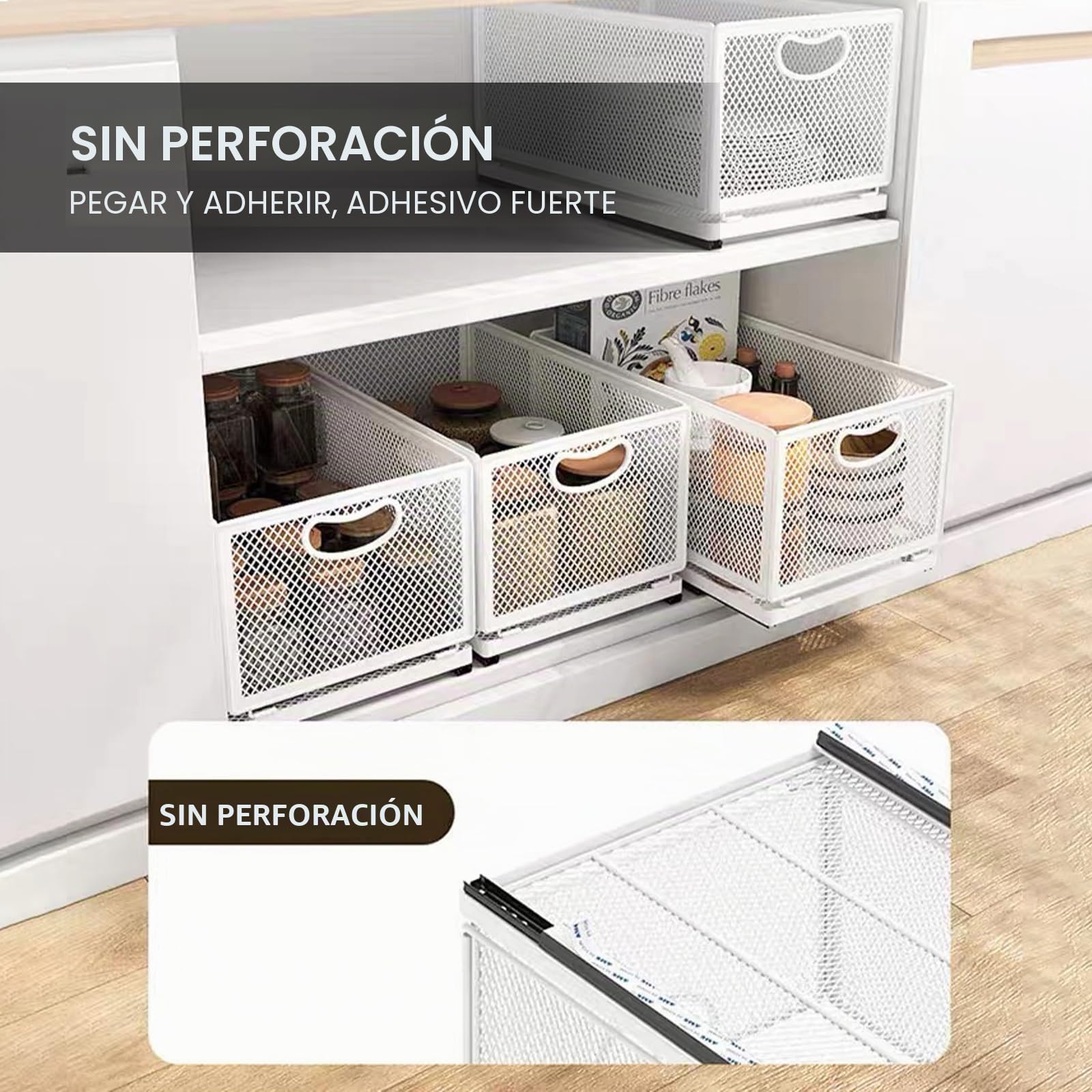 Cesta organizadora deslizante para armario, cajón autoadhesivo, estantes de despensa, acero al carbono, cesta de almacenamiento con asa para baño, cocina, hogar
