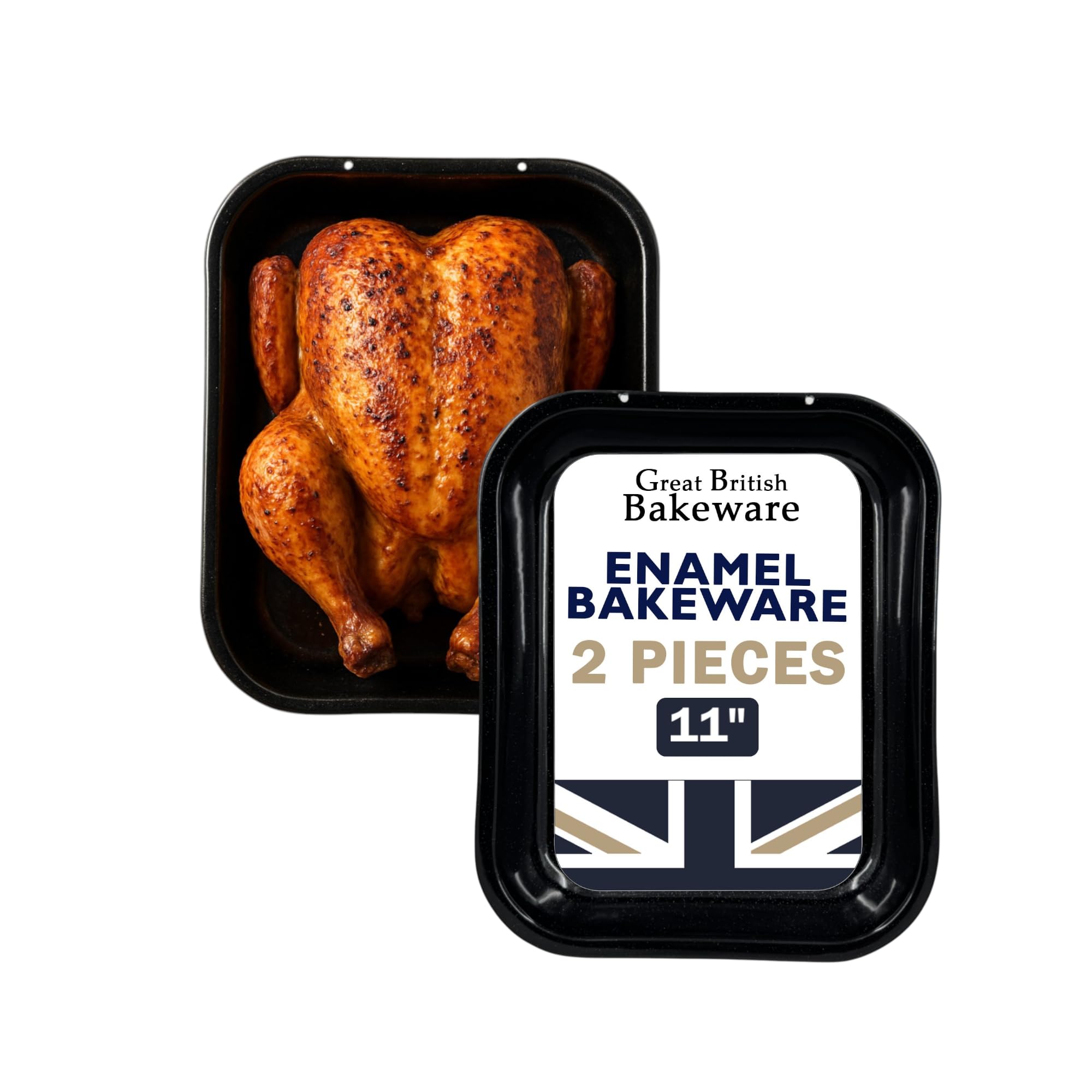 2x 28cm Vitreous Enamel Roasting Pan, Meat Roaster, Veggie Pan, Roasting Tray