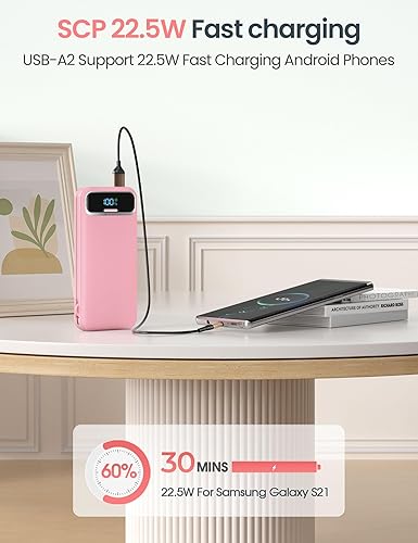 Miniatura 6 de Cargador portátil ligero de 12000 mAh con cables integrados y enchufe de pared de CA, batería de carga rápida PD20W USB-C, pantalla LED, cargador