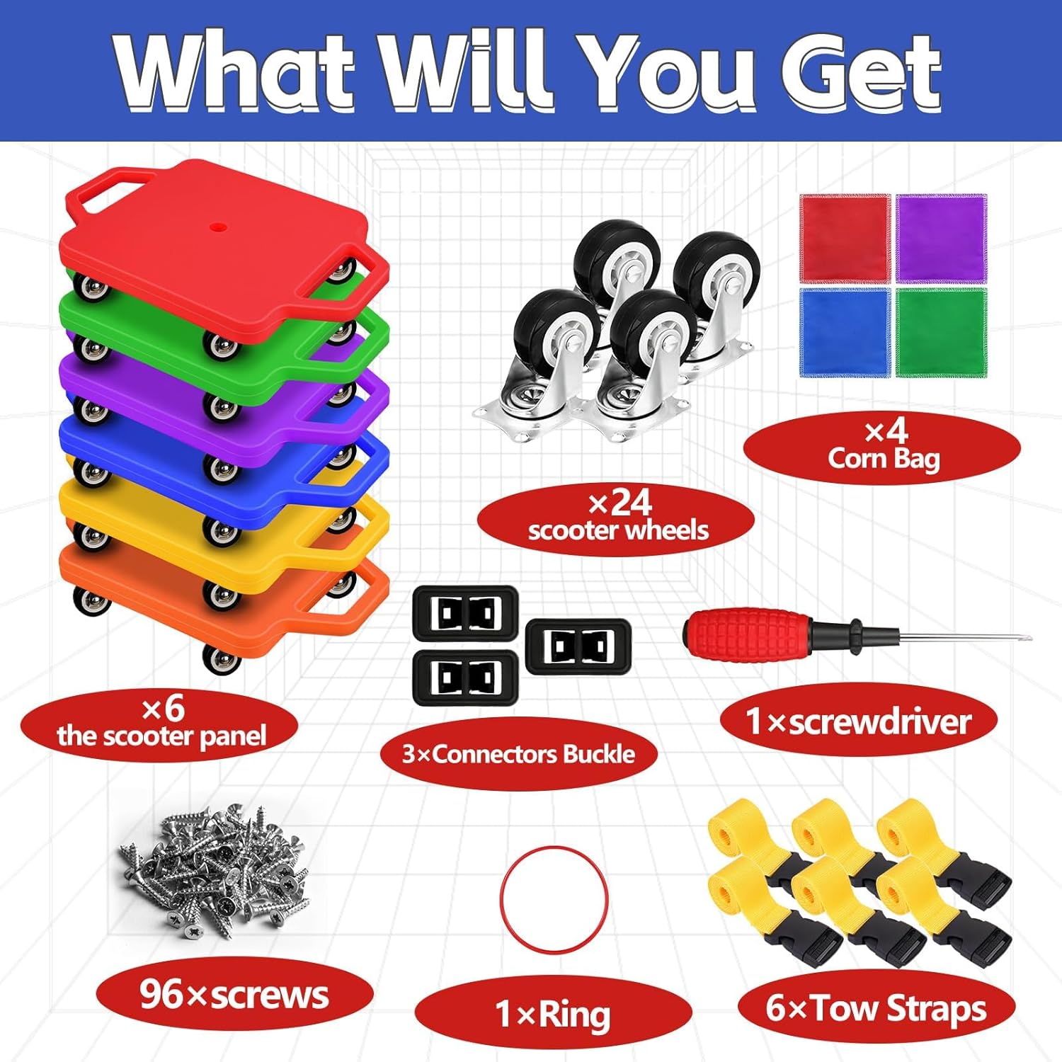 6 Pcs Sports Scooter Board with Handles,Sitting Scooter Board for Kids Children Gym Indoor Outdoor Activities，Equipped with Various Skateboard Accessories