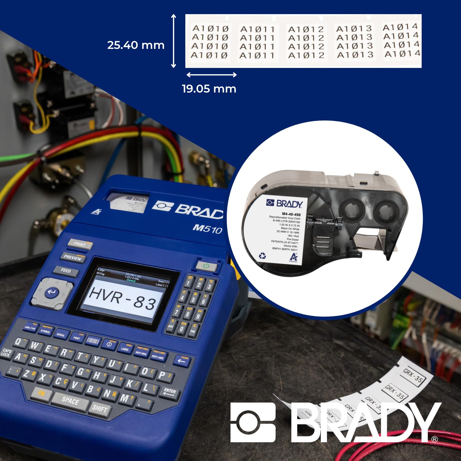 Brady Authentic (M4-48-498) Repositionable Multi-Purpose Vinyl Cloth Labels 0.75" H x 1" W Black on White, 180 Labels. for use with The BMP41, BMP51, and M511 Label Printers